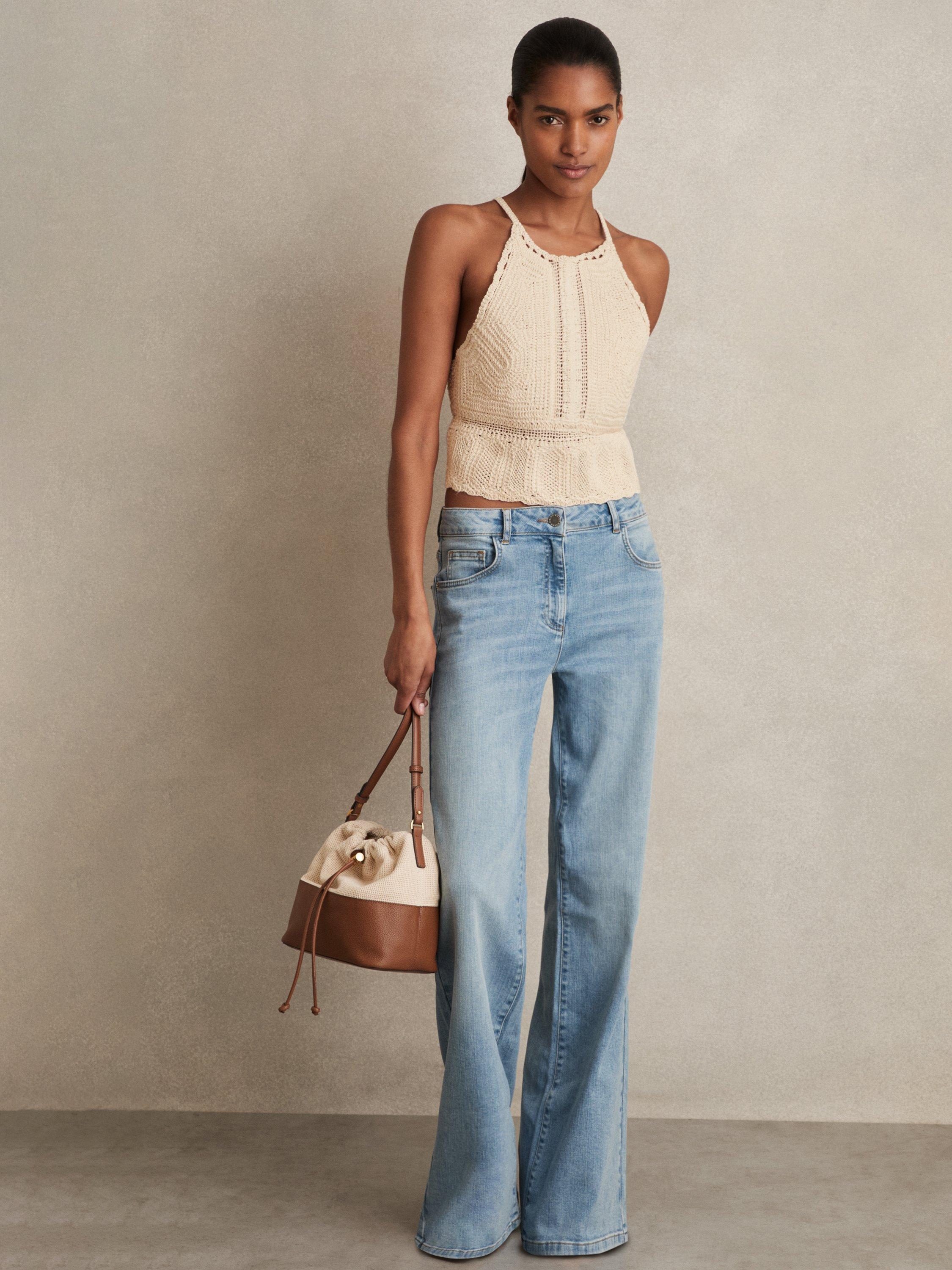 Product image 1 of 5, which shows Reiss May Crochet Cotton Cropped Vest Top, Cream, 12