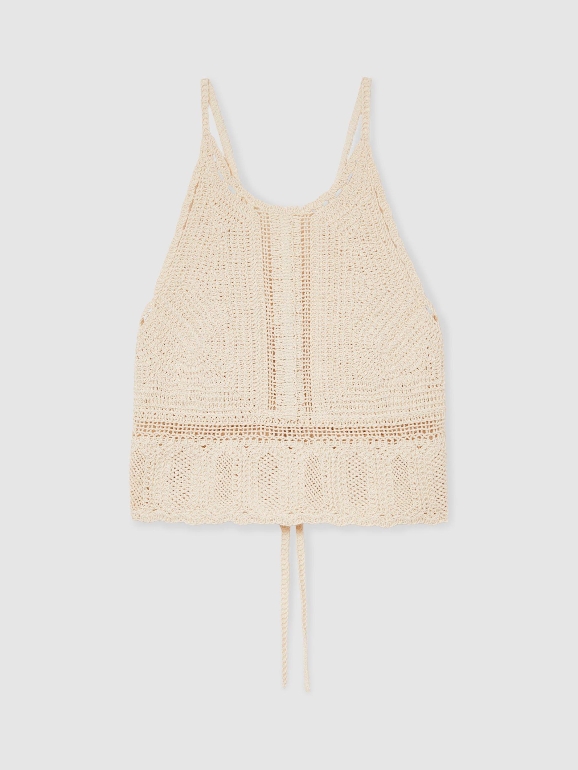 Product image 3 of 5, which shows Reiss May Crochet Cotton Cropped Vest Top, Cream, 12