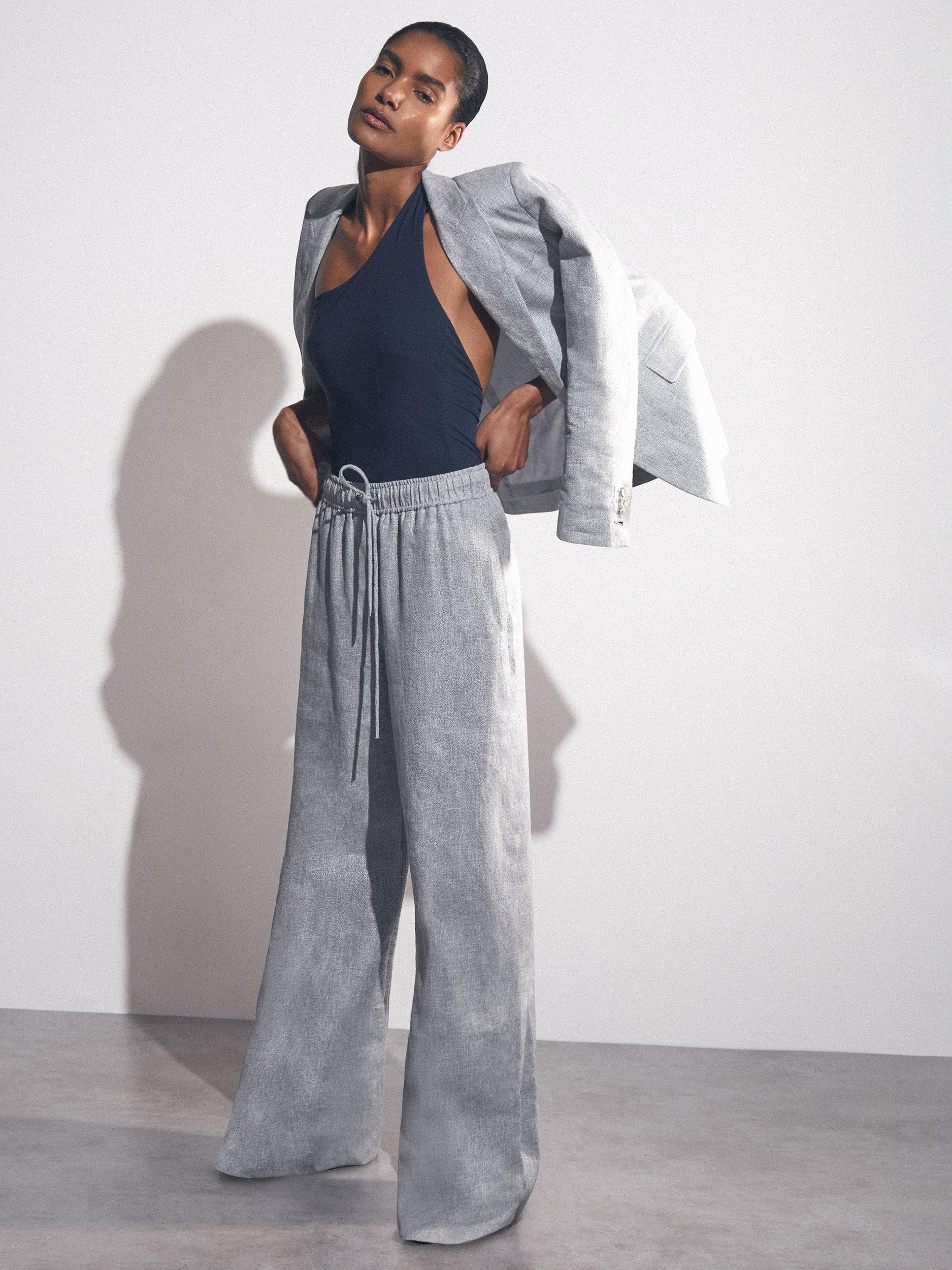 Reiss Petite Willow Linen Rich Wide Leg Trousers, Blue
