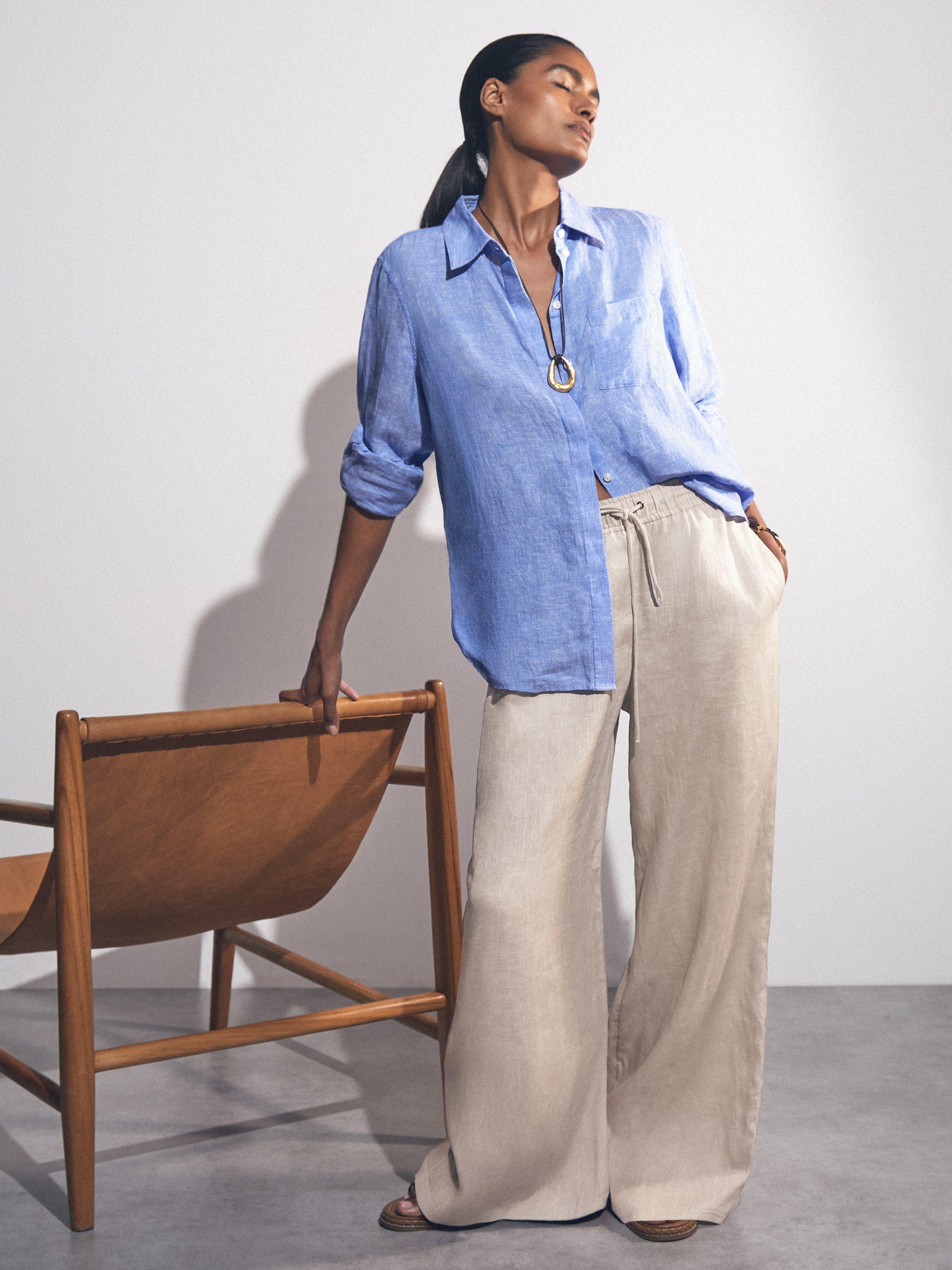 Product image 1 of 5, which shows Reiss Linen Blend Wide Leg Trousers, Neutral, 6R