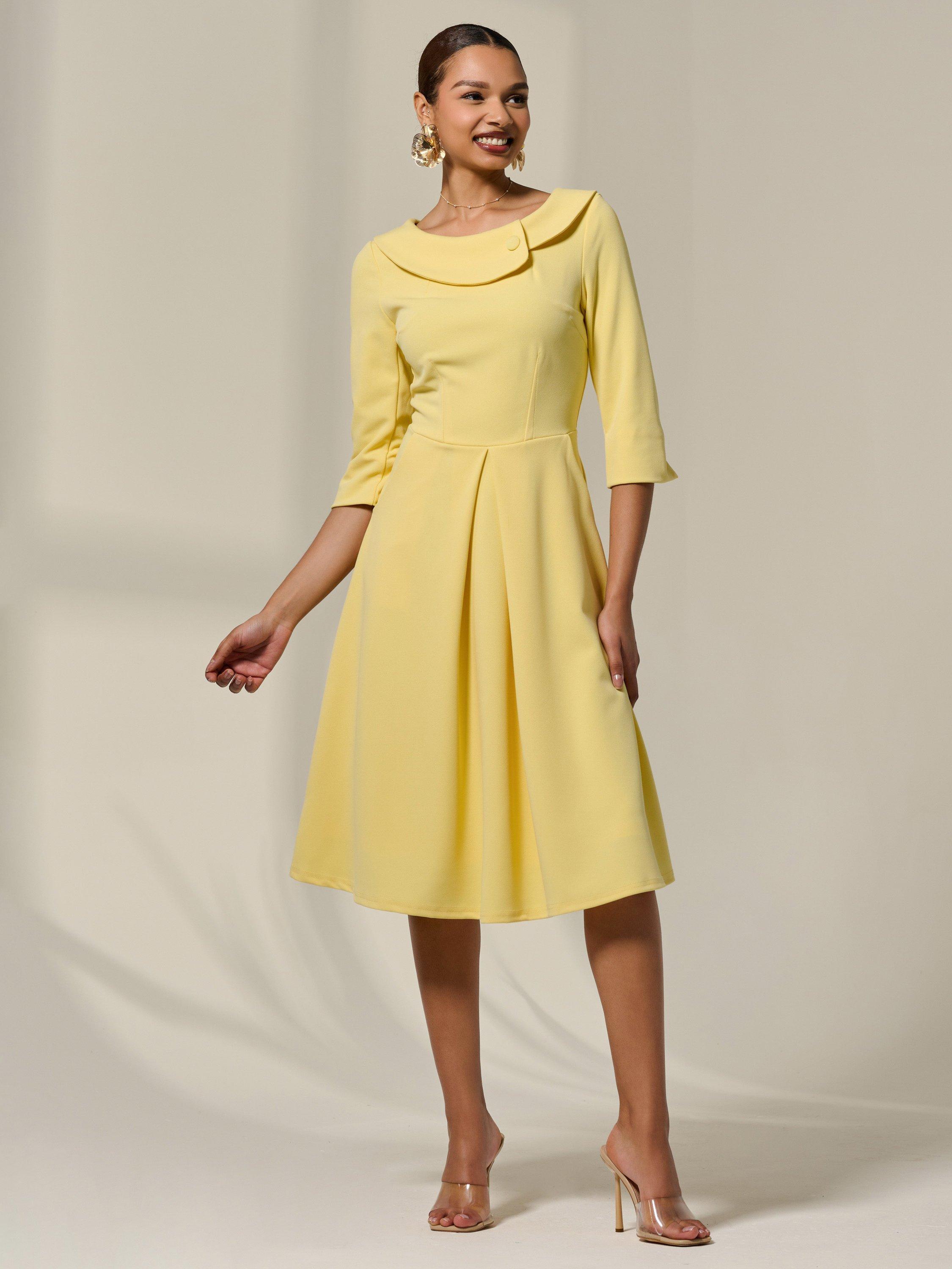 Product image 1 of 7, which shows Jolie Moi Collar 3/4 Sleeve Midi Dress, Yellow, 10