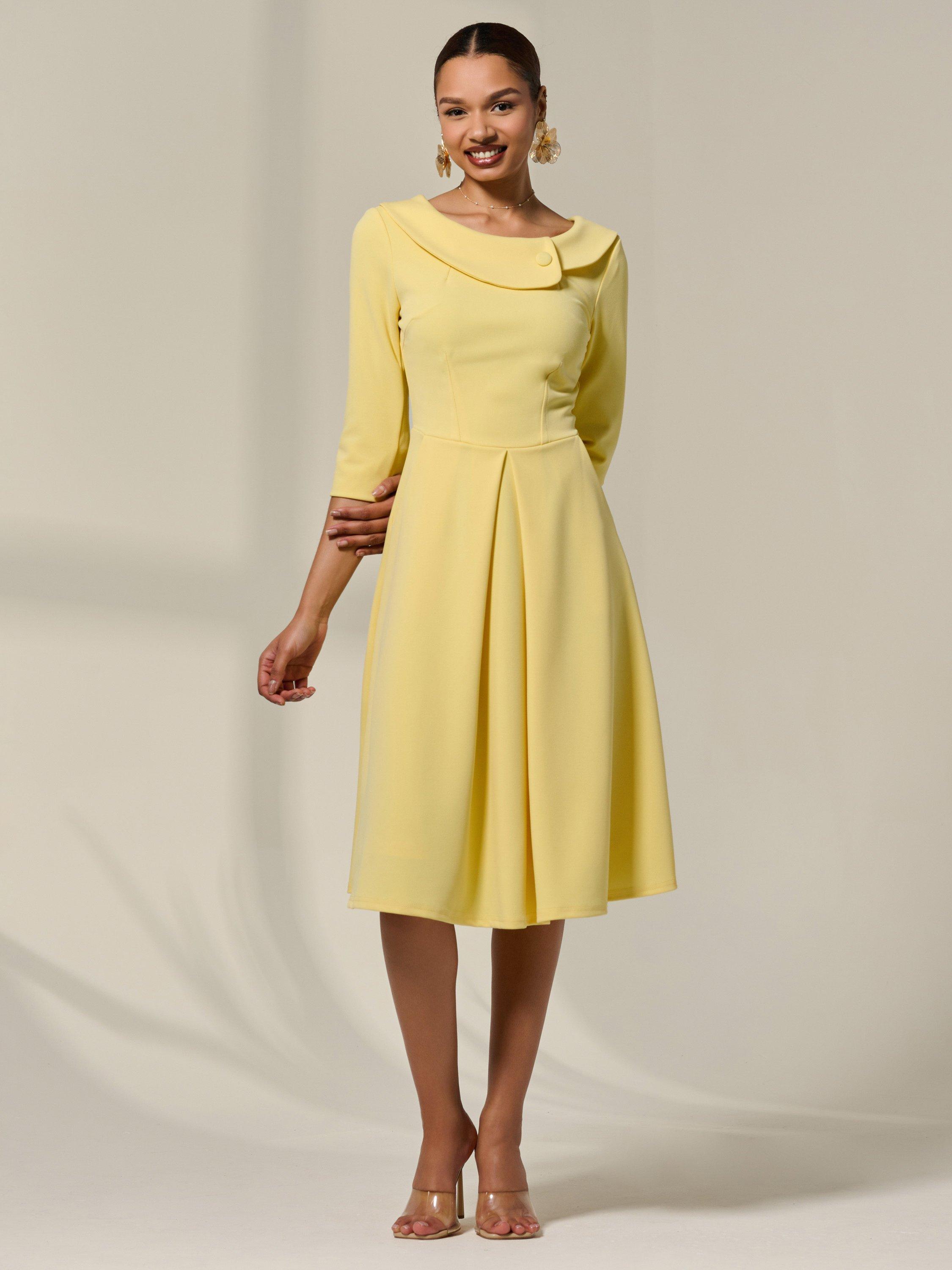 Product image 6 of 7, which shows Jolie Moi Collar 3/4 Sleeve Midi Dress, Yellow, 10