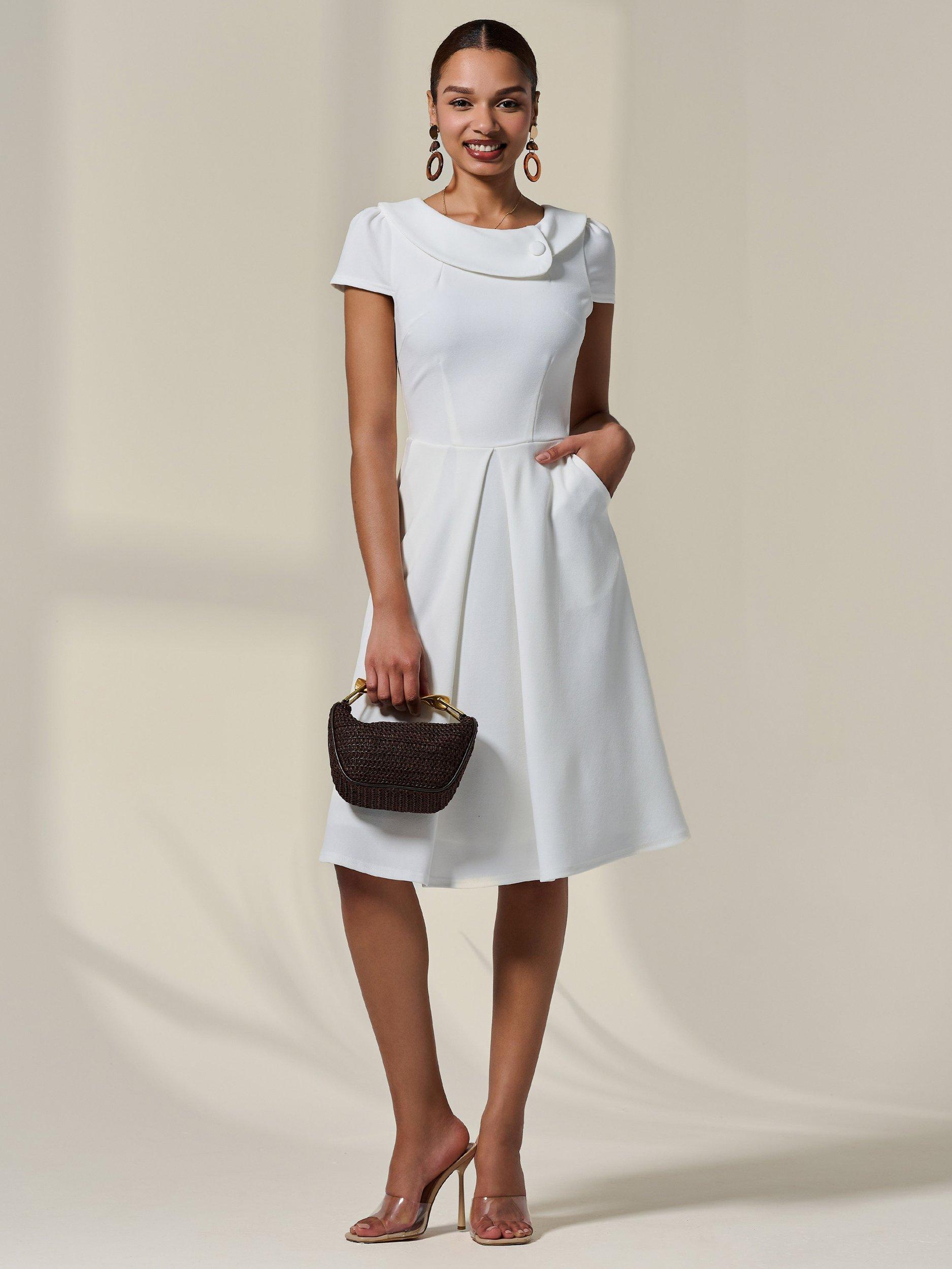 Product image 2 of 7, which shows Jolie Moi Retro Collar Cap Sleeve Dress, White, 8