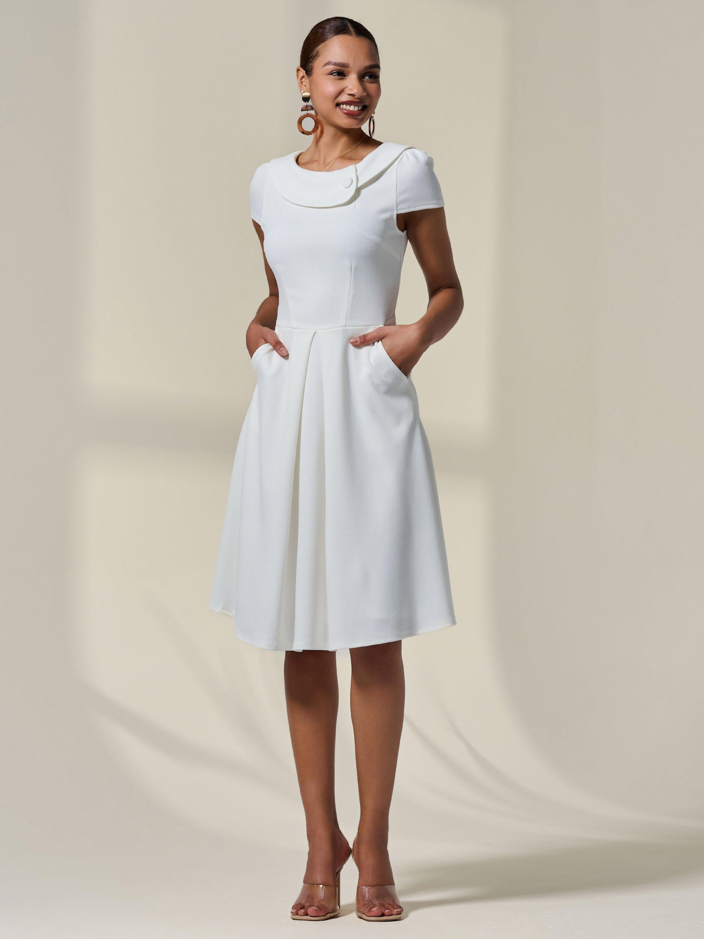 Product image 6 of 7, which shows Jolie Moi Retro Collar Cap Sleeve Dress, White, 8