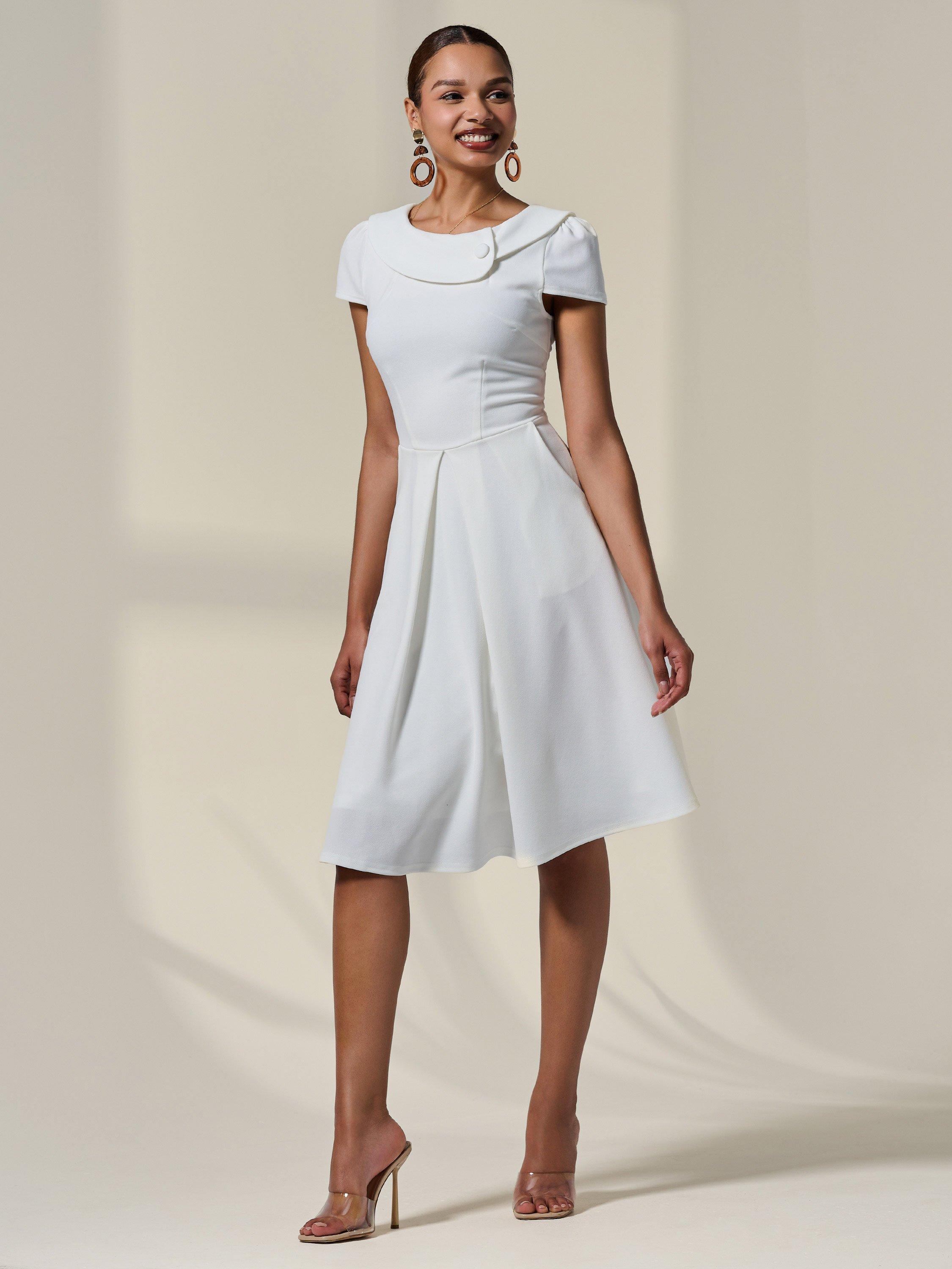 Product image 7 of 7, which shows Jolie Moi Retro Collar Cap Sleeve Dress, White, 8