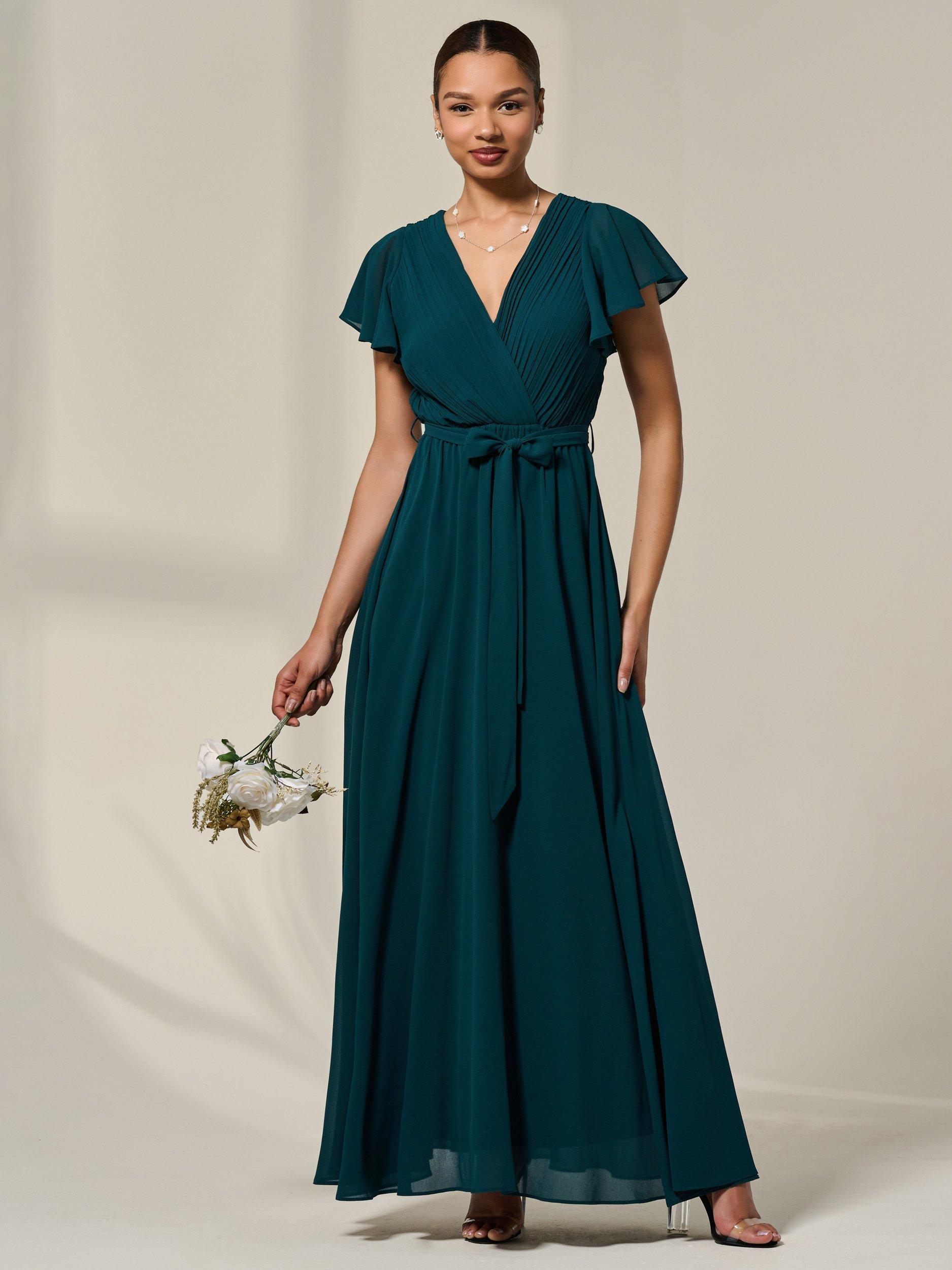 Product image 1 of 7, which shows Jolie Moi Flutter Sleeve Chiffon Maxi Dress, Dark Green, 8