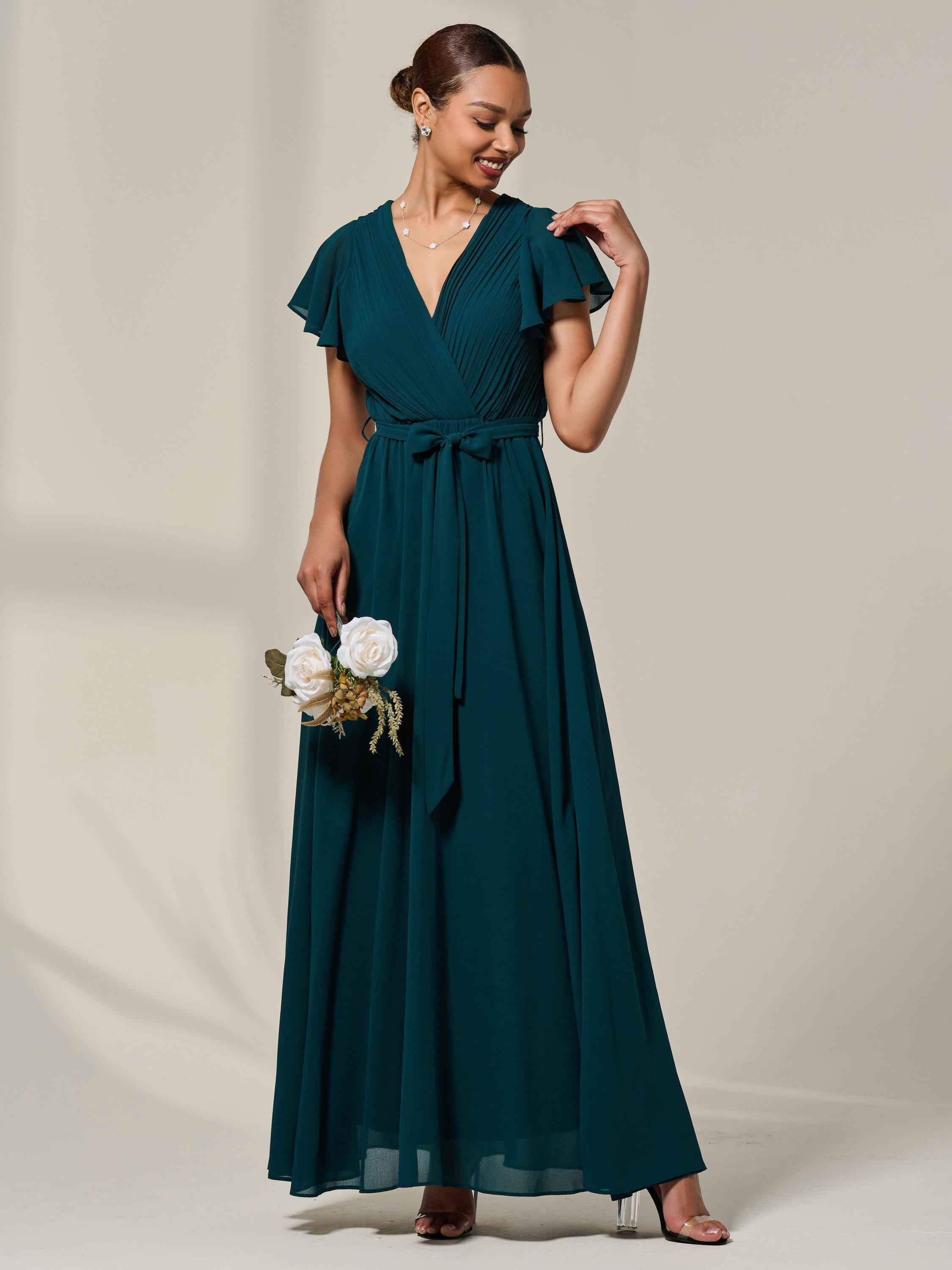 Product image 2 of 7, which shows Jolie Moi Flutter Sleeve Chiffon Maxi Dress, Dark Green, 8