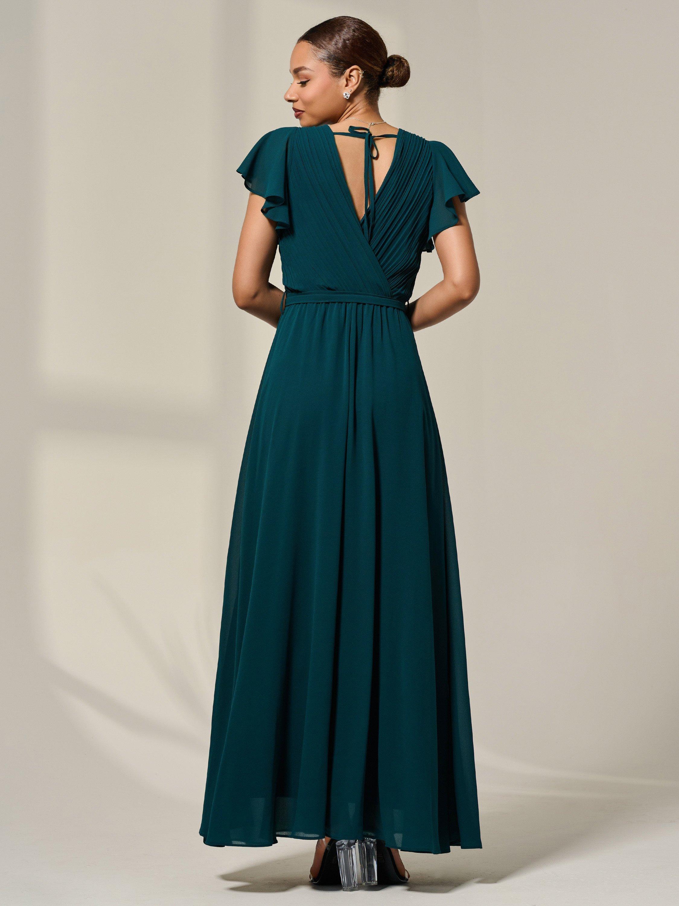 Product image 3 of 7, which shows Jolie Moi Flutter Sleeve Chiffon Maxi Dress, Dark Green, 8