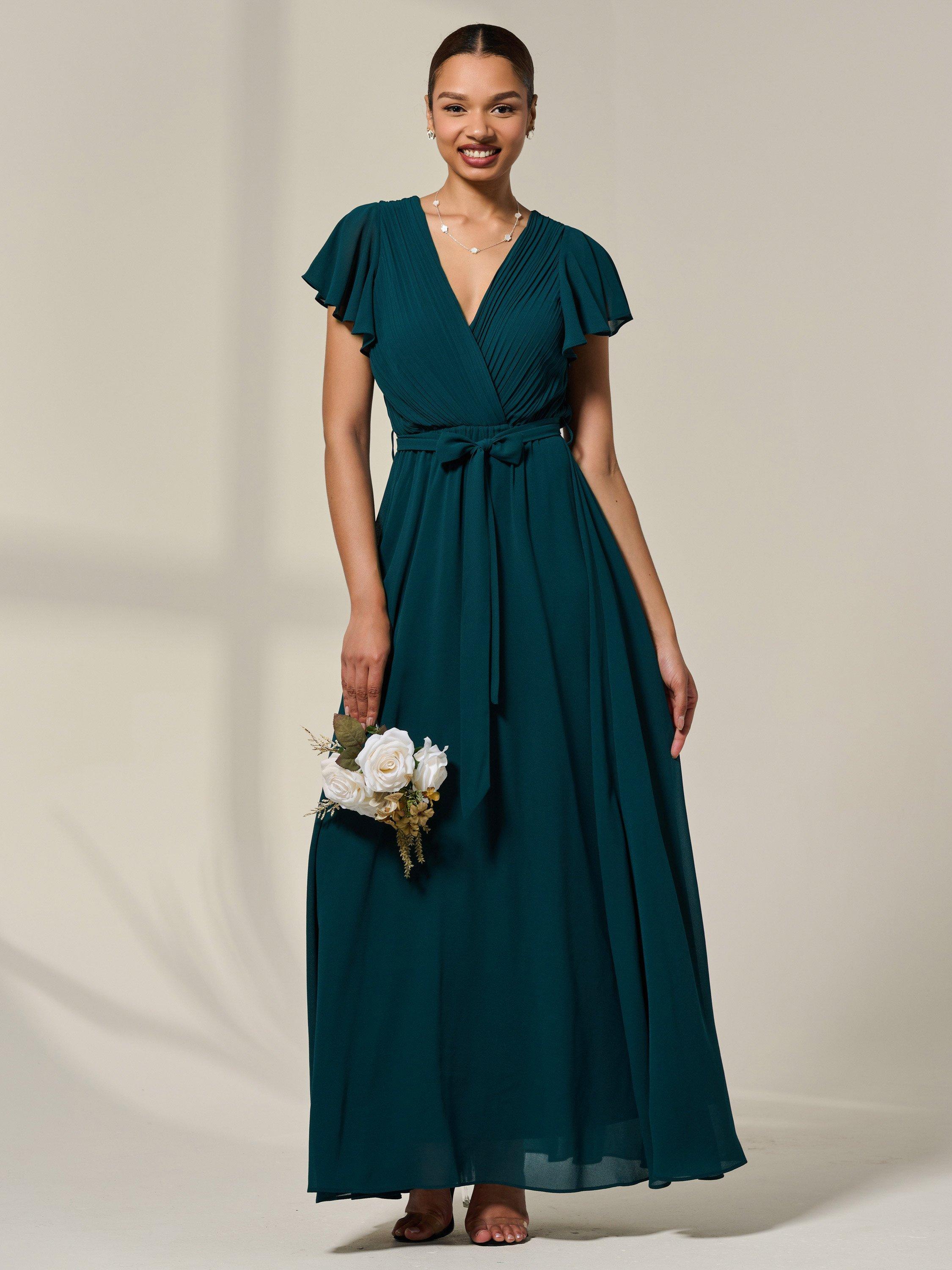Product image 5 of 7, which shows Jolie Moi Flutter Sleeve Chiffon Maxi Dress, Dark Green, 8