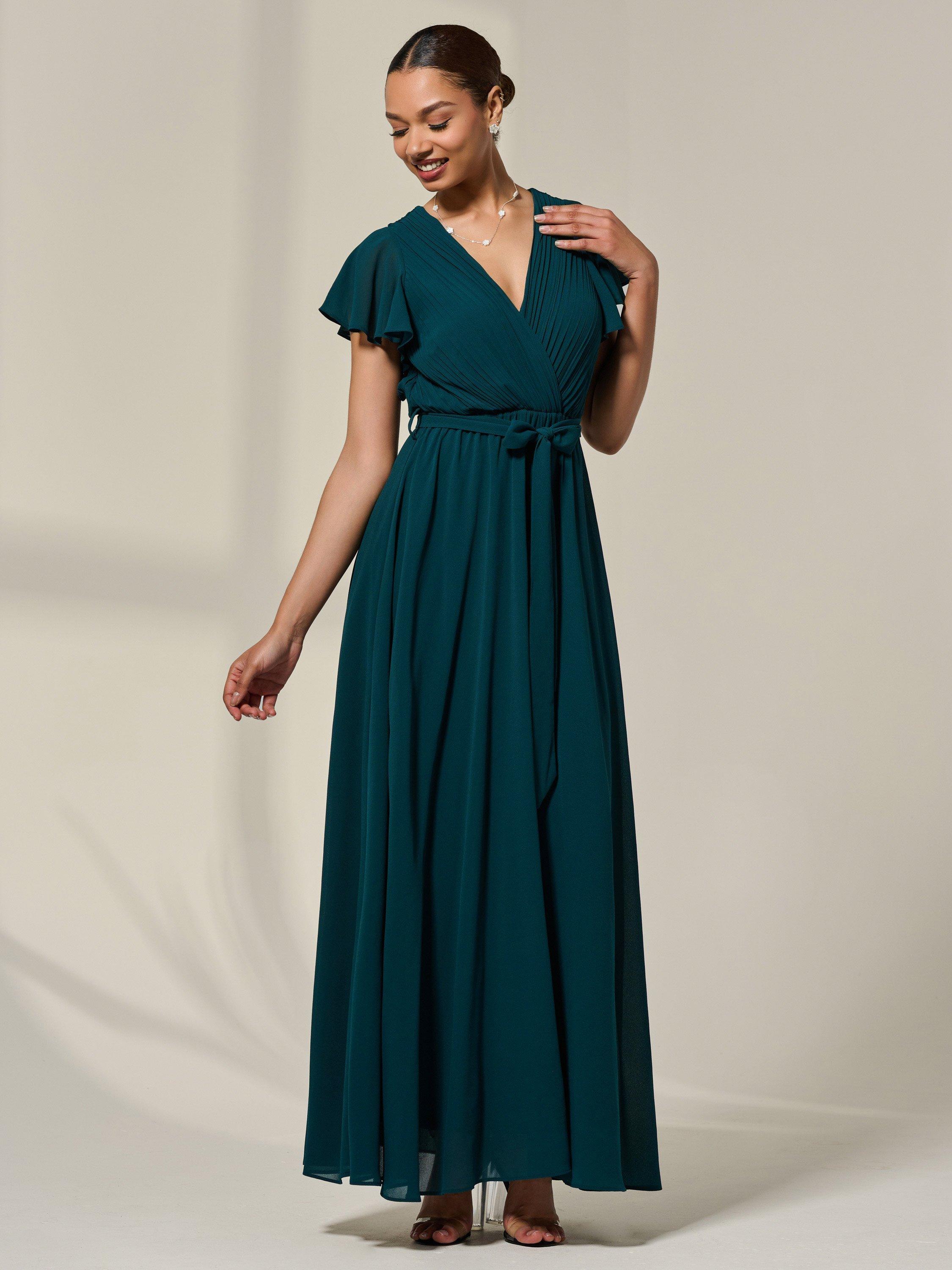 Product image 6 of 7, which shows Jolie Moi Flutter Sleeve Chiffon Maxi Dress, Dark Green, 8