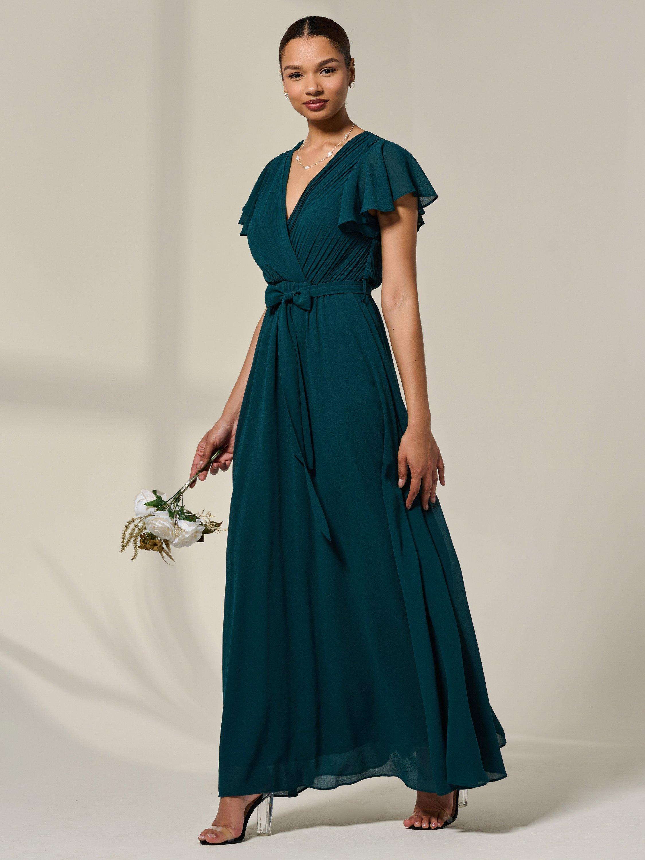 Product image 7 of 7, which shows Jolie Moi Flutter Sleeve Chiffon Maxi Dress, Dark Green, 8