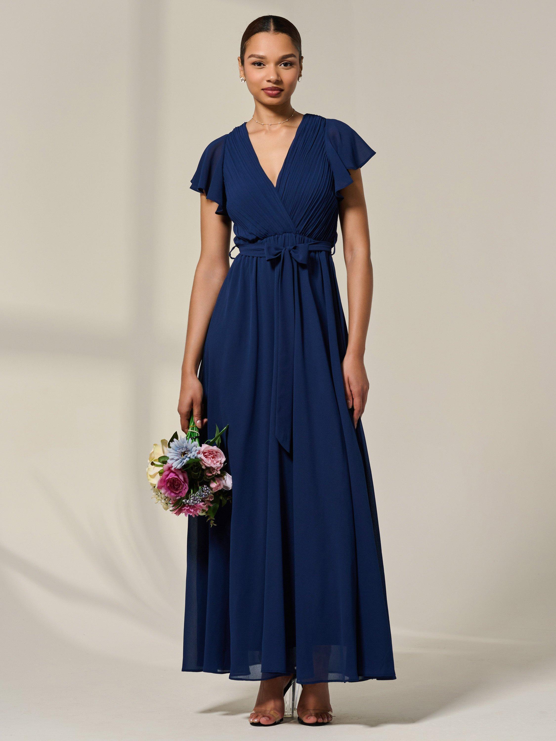 Product image 1 of 7, which shows Jolie Moi Flutter Sleeve Chiffon Maxi Dress, Navy, 8