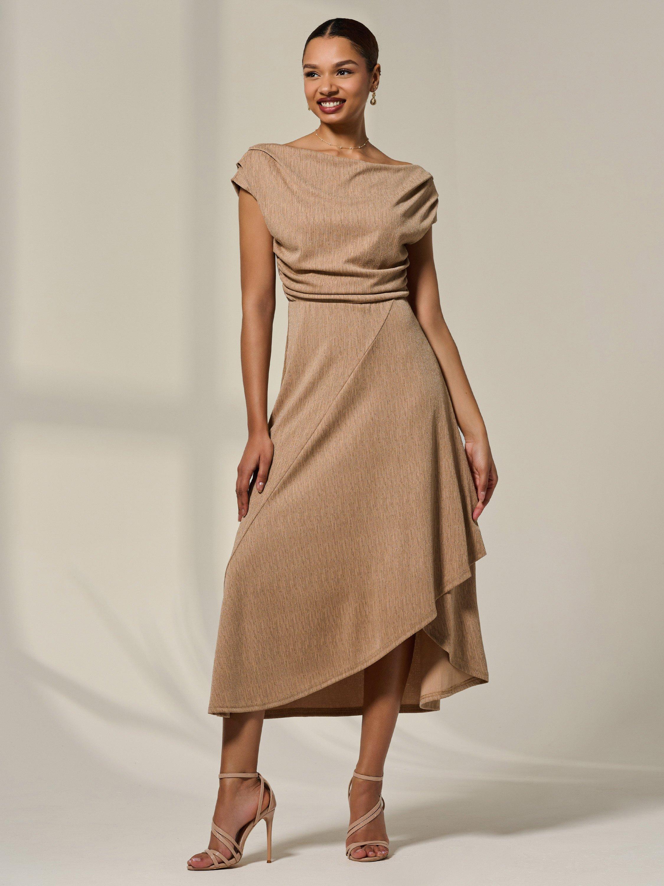 Product image 1 of 7, which shows Jolie Moi Simmer Cowl Neck Midi Dress, Taupe, 8
