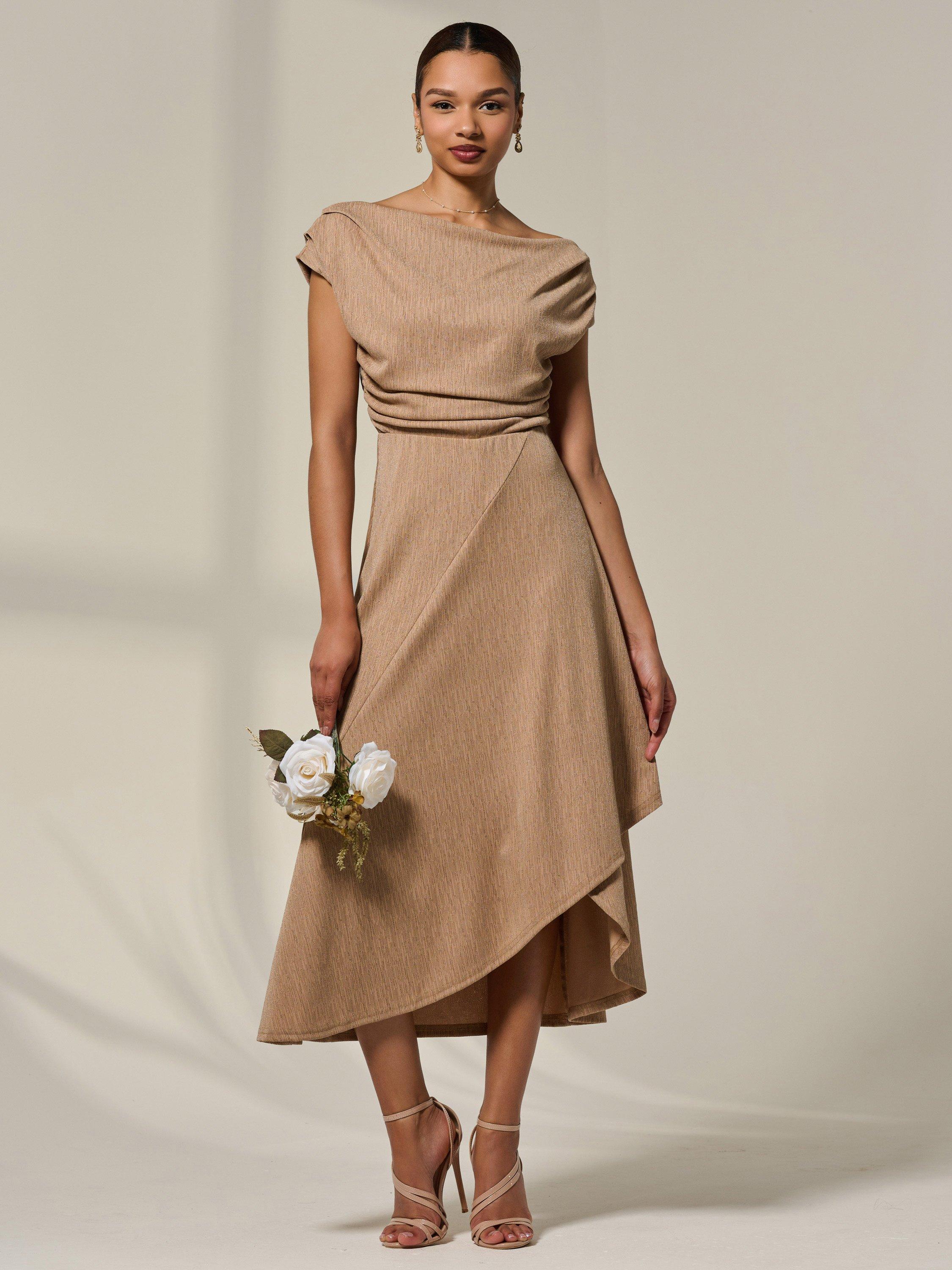 Product image 2 of 7, which shows Jolie Moi Simmer Cowl Neck Midi Dress, Taupe, 8