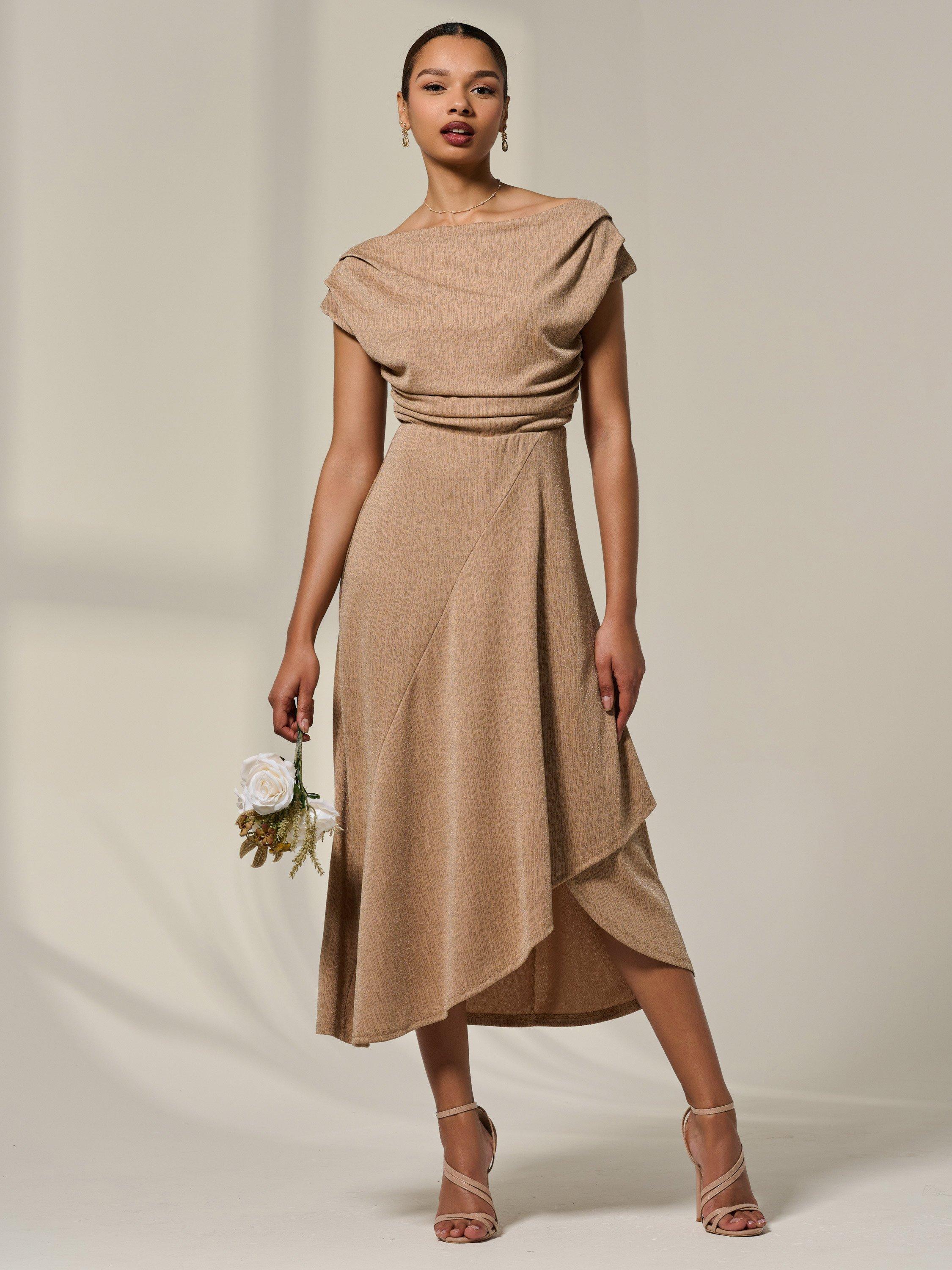 Product image 5 of 7, which shows Jolie Moi Simmer Cowl Neck Midi Dress, Taupe, 8