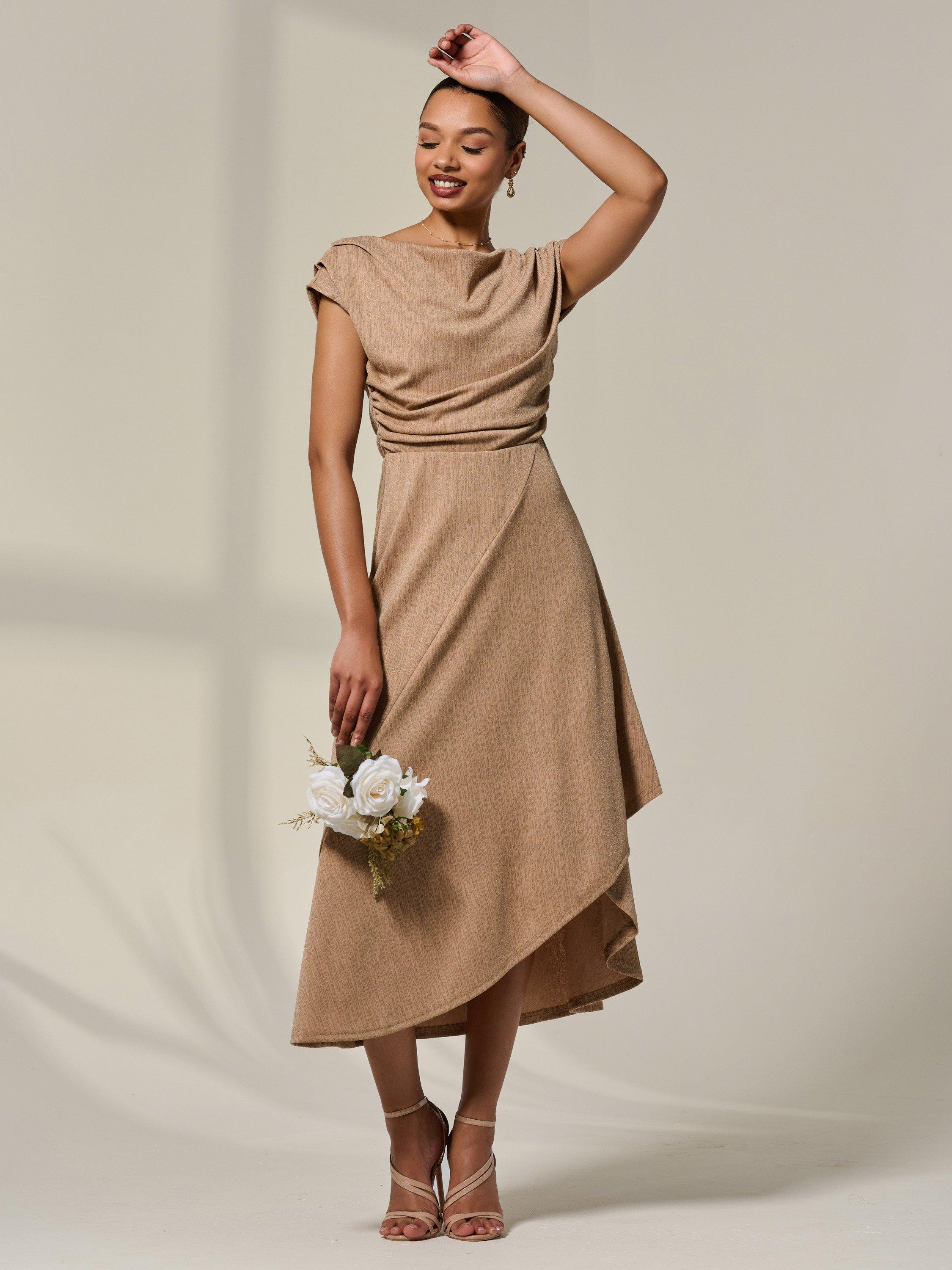 Product image 6 of 7, which shows Jolie Moi Simmer Cowl Neck Midi Dress, Taupe, 8