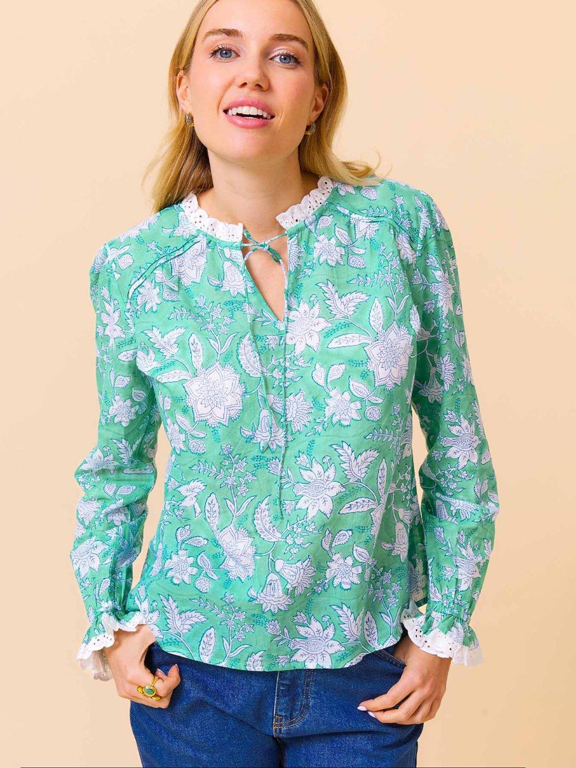 Product image 1 of 5, which shows Aspiga Rosie Block Print Blouse, Green/Multi, XL
