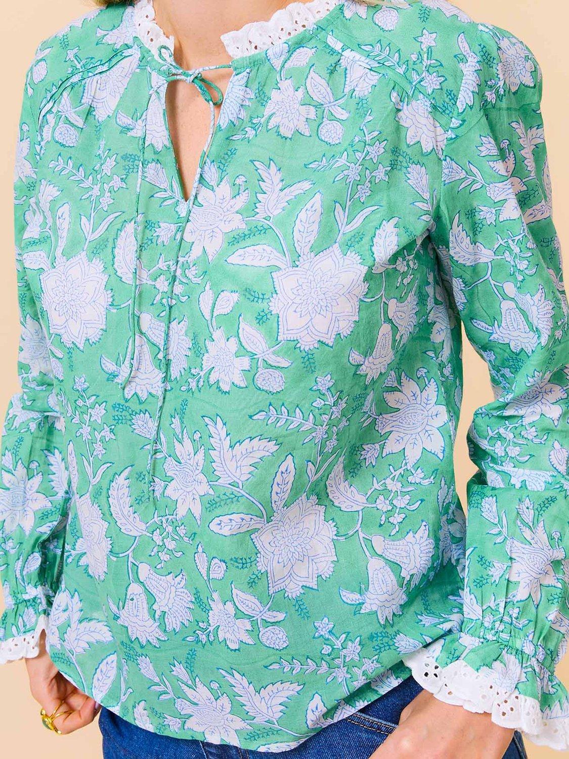 Product image 3 of 5, which shows Aspiga Rosie Block Print Blouse, Green/Multi, XL