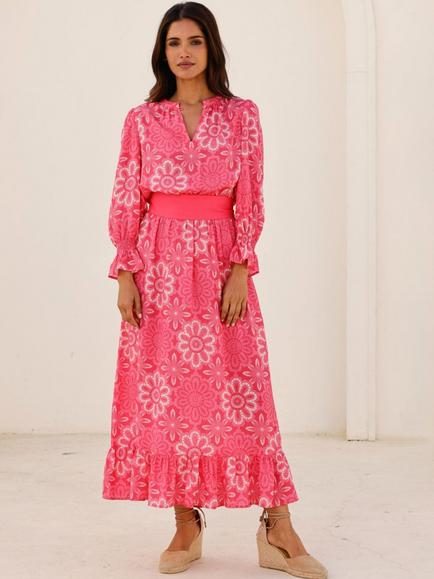 Aspiga Maeve Geometric Floral Midi Dress, Pink/White, Pink/White