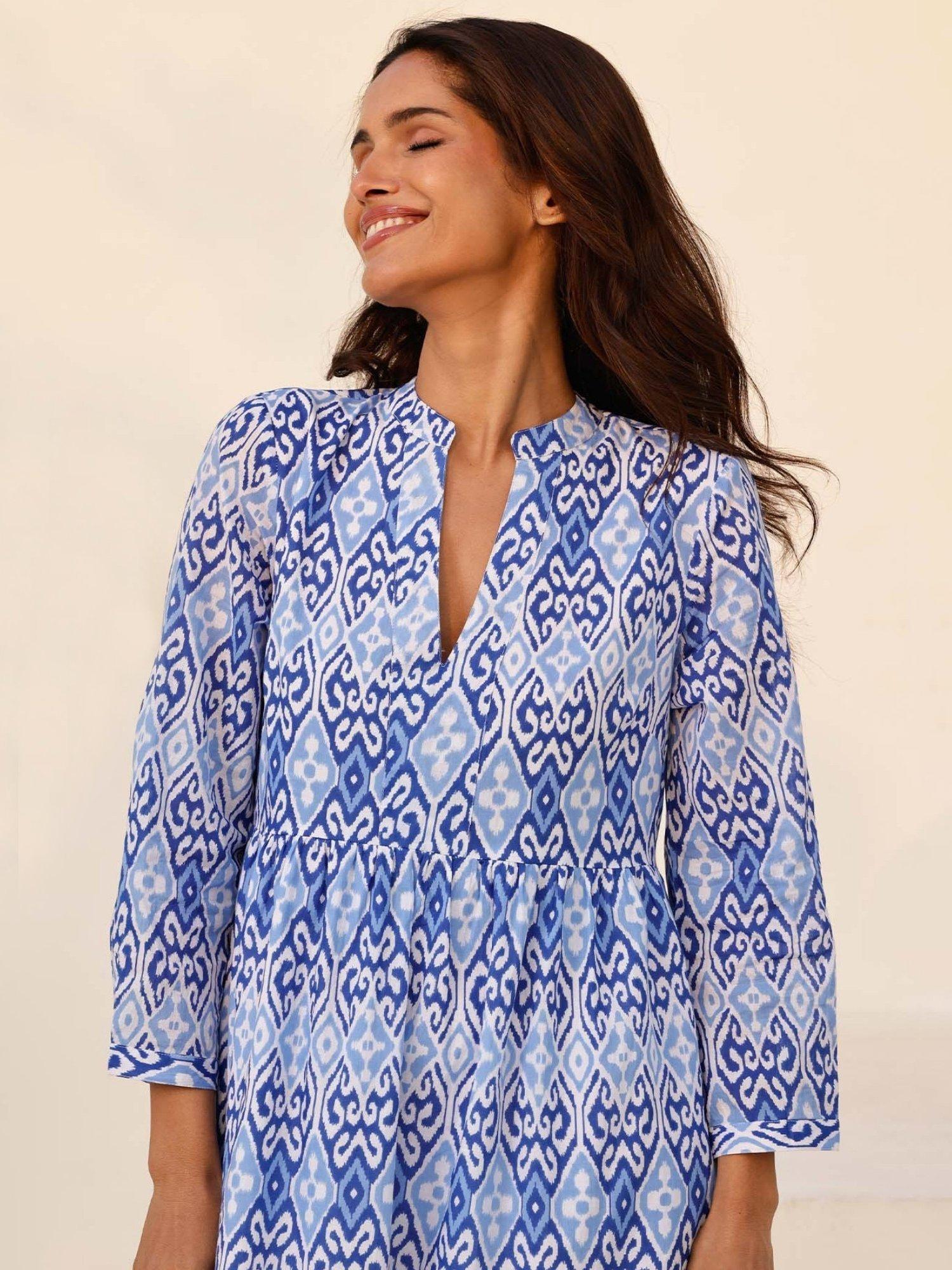 Product image 2 of 6, which shows Aspiga Mara Geometric Print Cotton Maxi Dress, Blue / White, XS