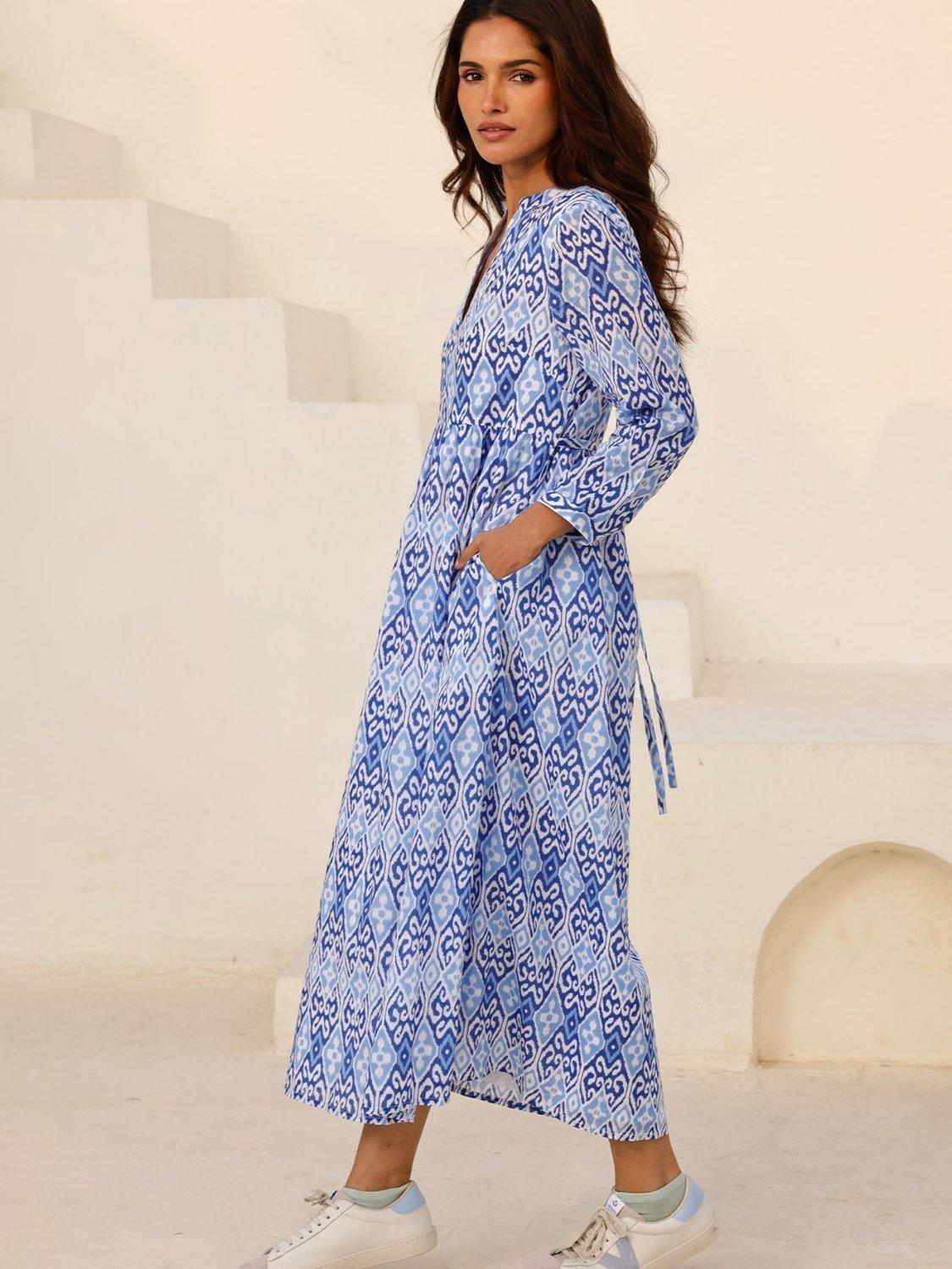 Product image 5 of 6, which shows Aspiga Mara Geometric Print Cotton Maxi Dress, Blue / White, XS