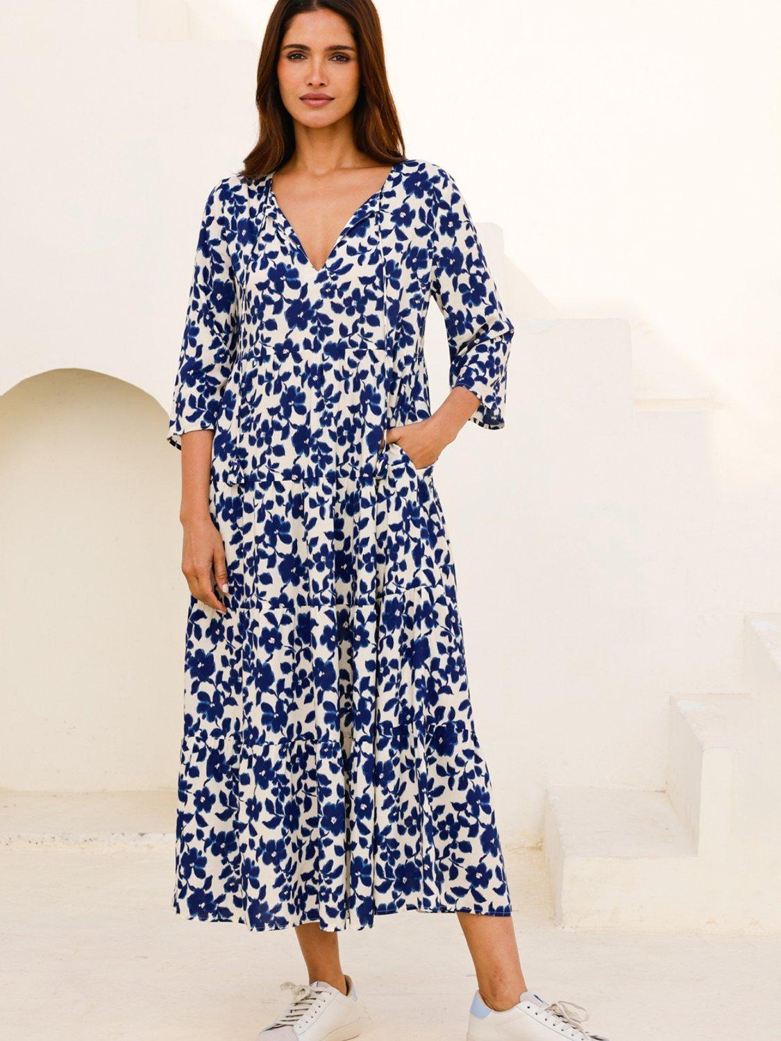 Product image 1 of 5, which shows Aspiga Emma Floral Midi Dress, Cream/Navy, XS