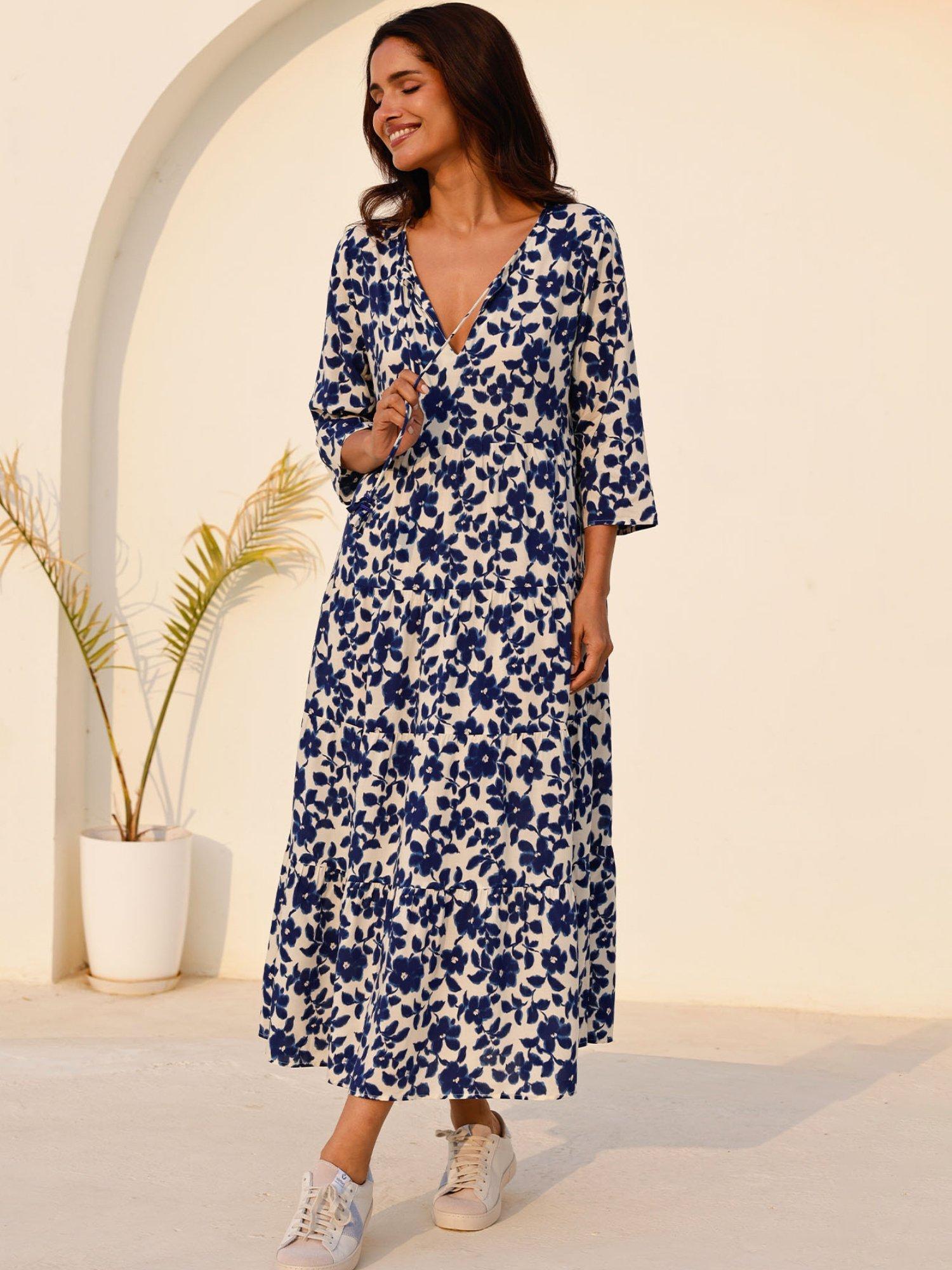 Product image 3 of 5, which shows Aspiga Emma Floral Midi Dress, Cream/Navy, XS
