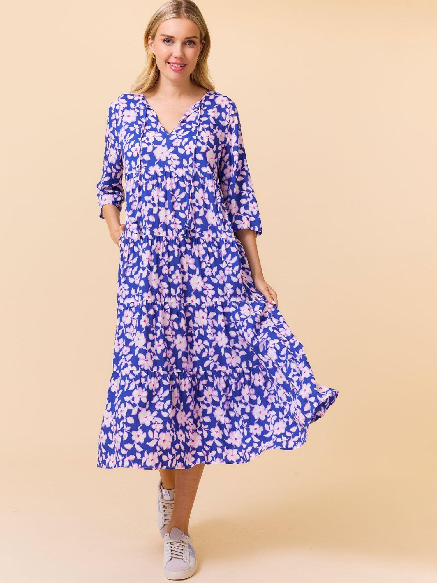 Product image 1 of 5, which shows Aspiga Emma Floral Midi Dress, Cobalt/Pink, XS