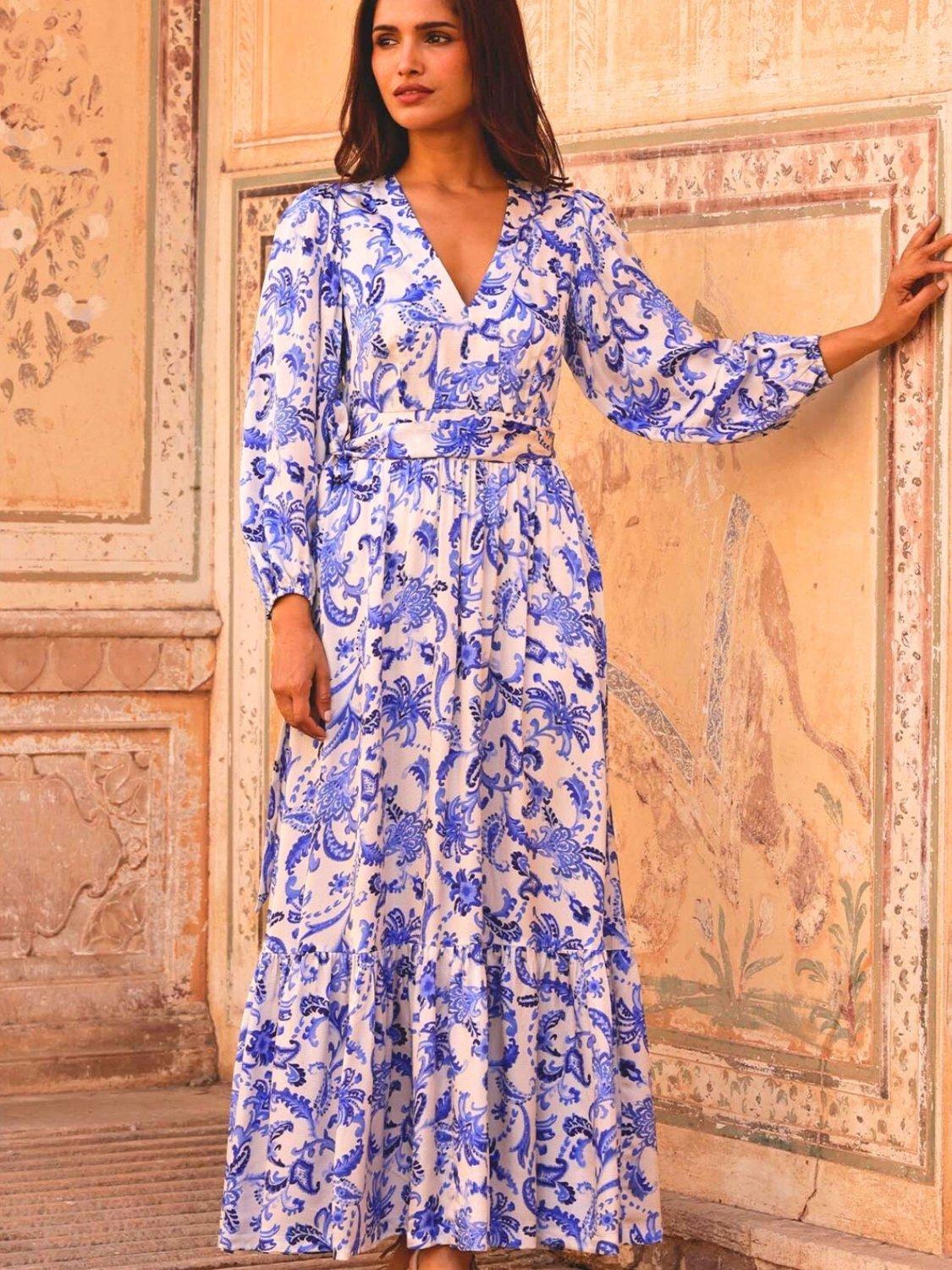 Product image 1 of 6, which shows Aspiga Annie Hammered Satin Maxi Dress, Cream/Blue, S