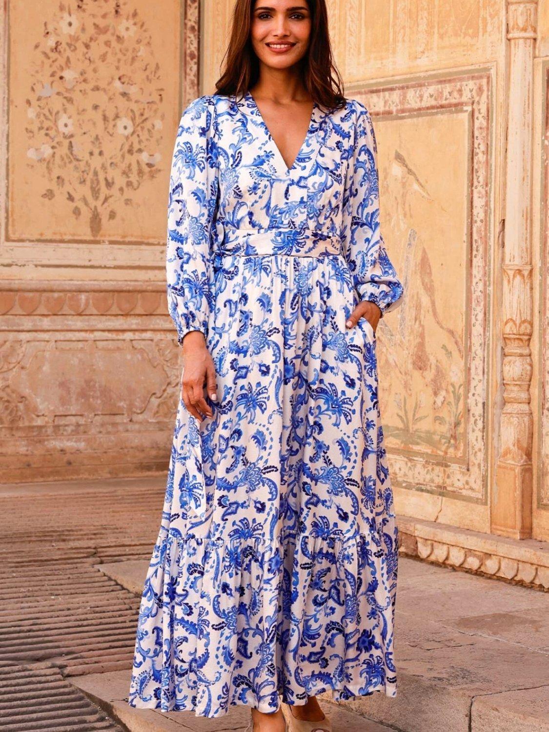 Product image 4 of 6, which shows Aspiga Annie Hammered Satin Maxi Dress, Cream/Blue, S
