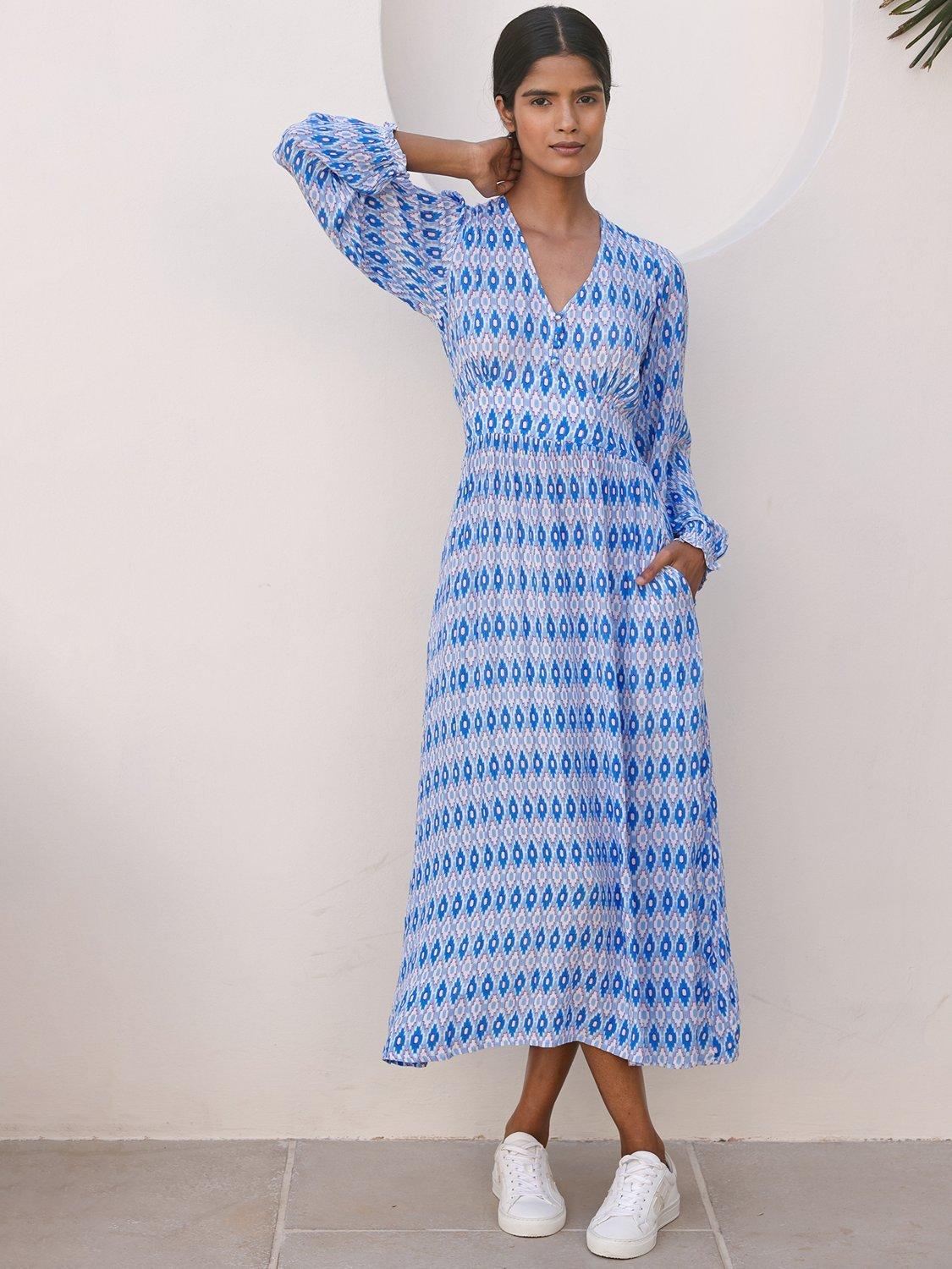 Product image 1 of 4, which shows Aspiga Camila Geometric Midi Dress, Light Blue/Red, S