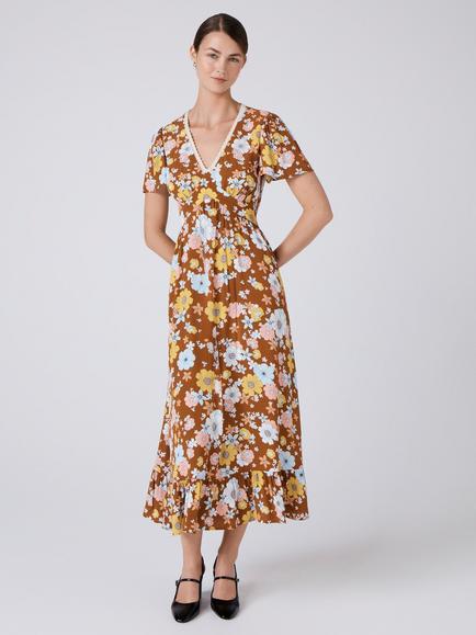 Ghost Palmer Lace Trim Floral Midi Dress, Brown/Multi, Brown/Multi