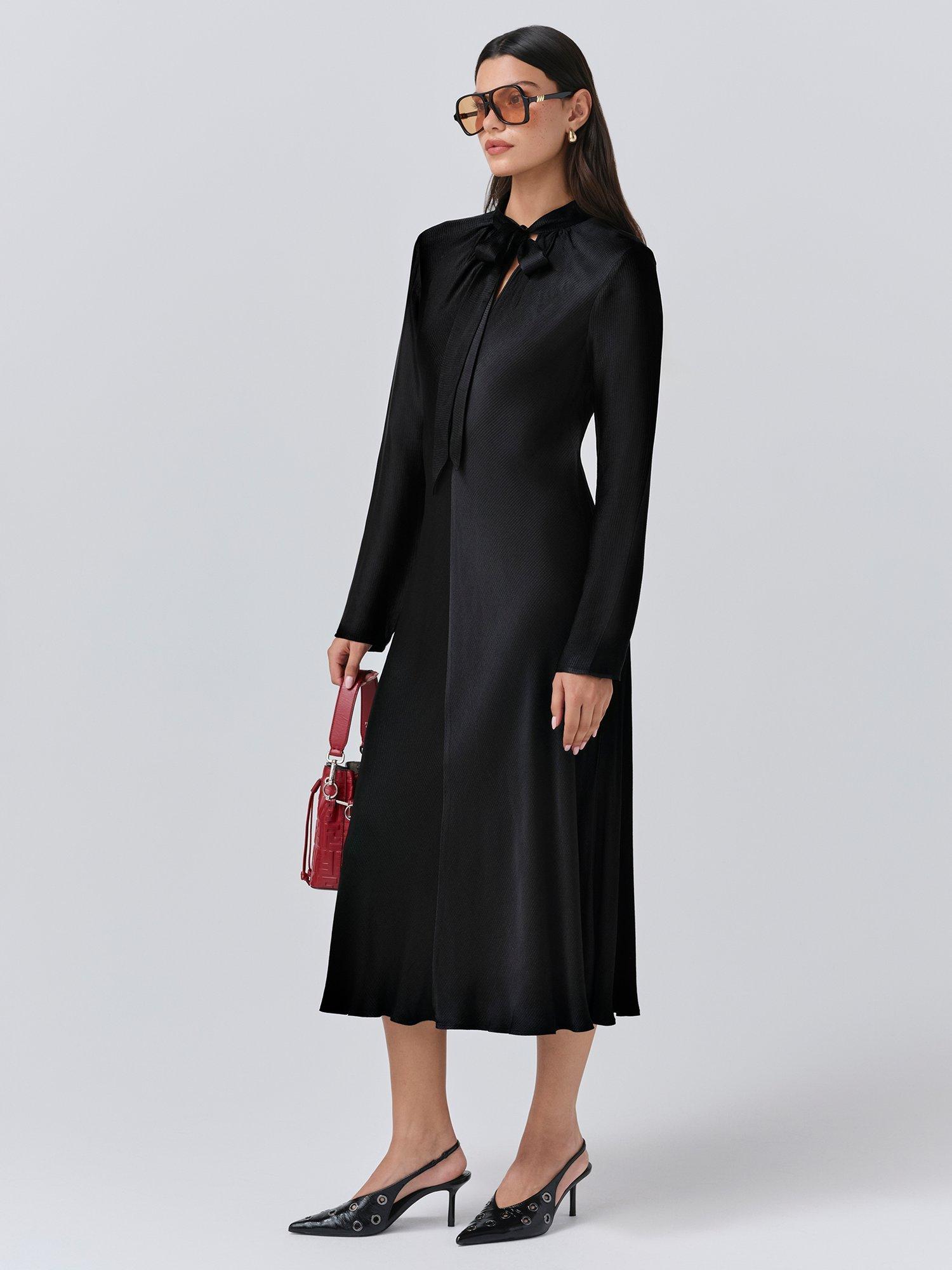 Product image 2 of 5, which shows Ghost Stephanie Tie Neck Midi Dress, Black, S