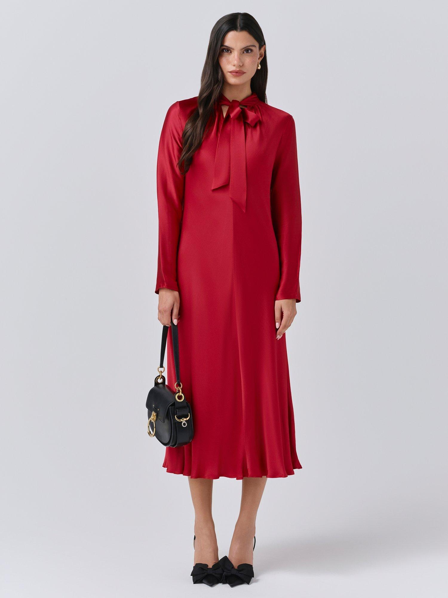 Product image 1 of 6, which shows Ghost Stephanie Tie Neck Midi Dress, Red, XS