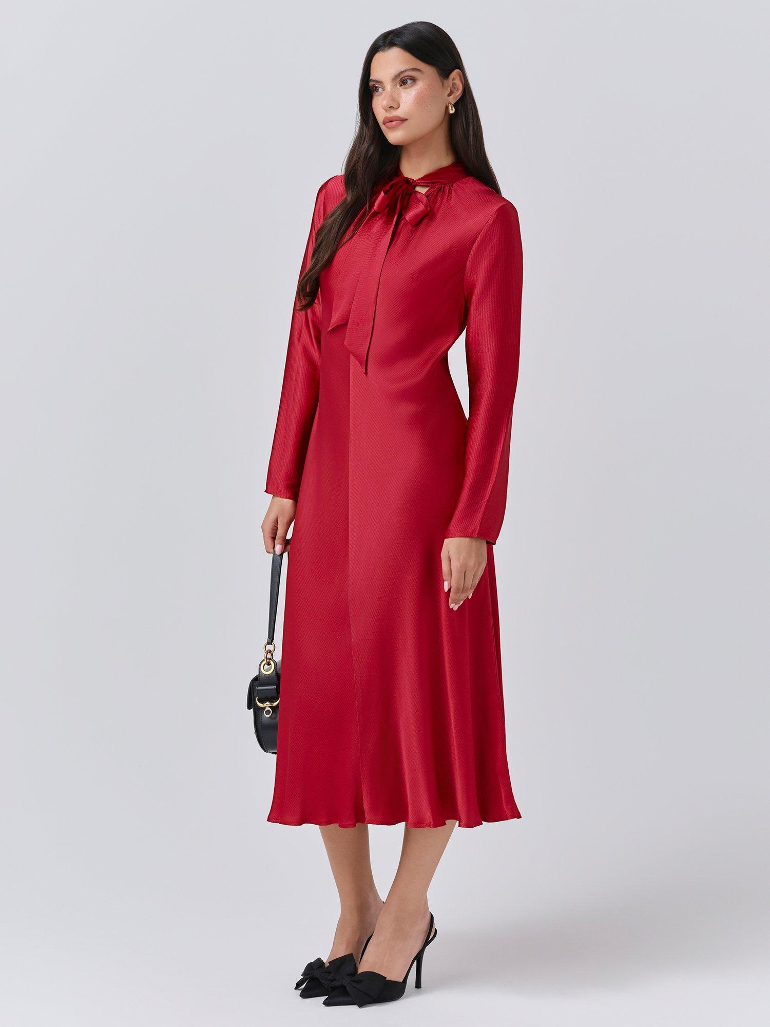 Product image 3 of 6, which shows Ghost Stephanie Tie Neck Midi Dress, Red, XS