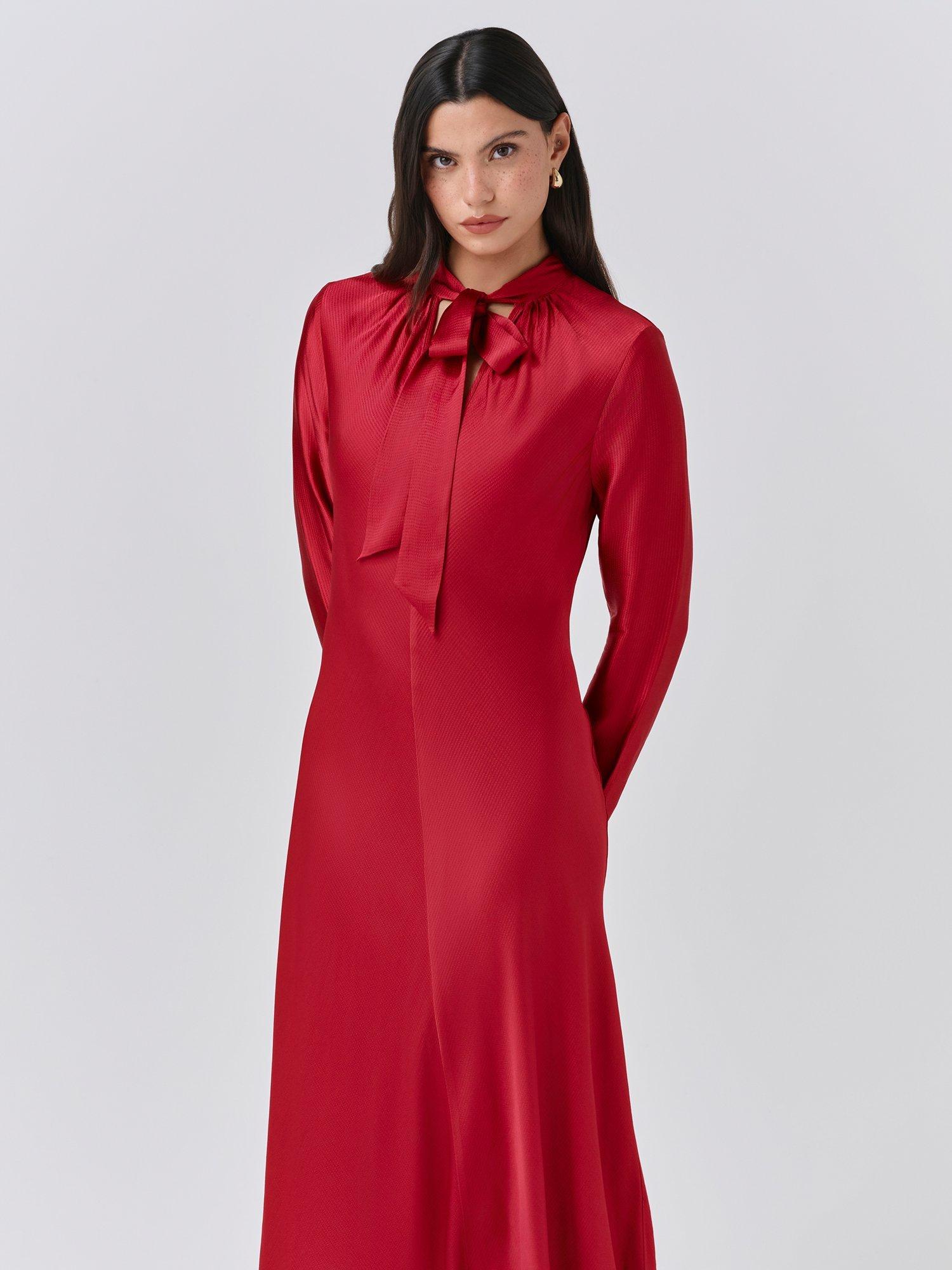 Product image 4 of 6, which shows Ghost Stephanie Tie Neck Midi Dress, Red, XS
