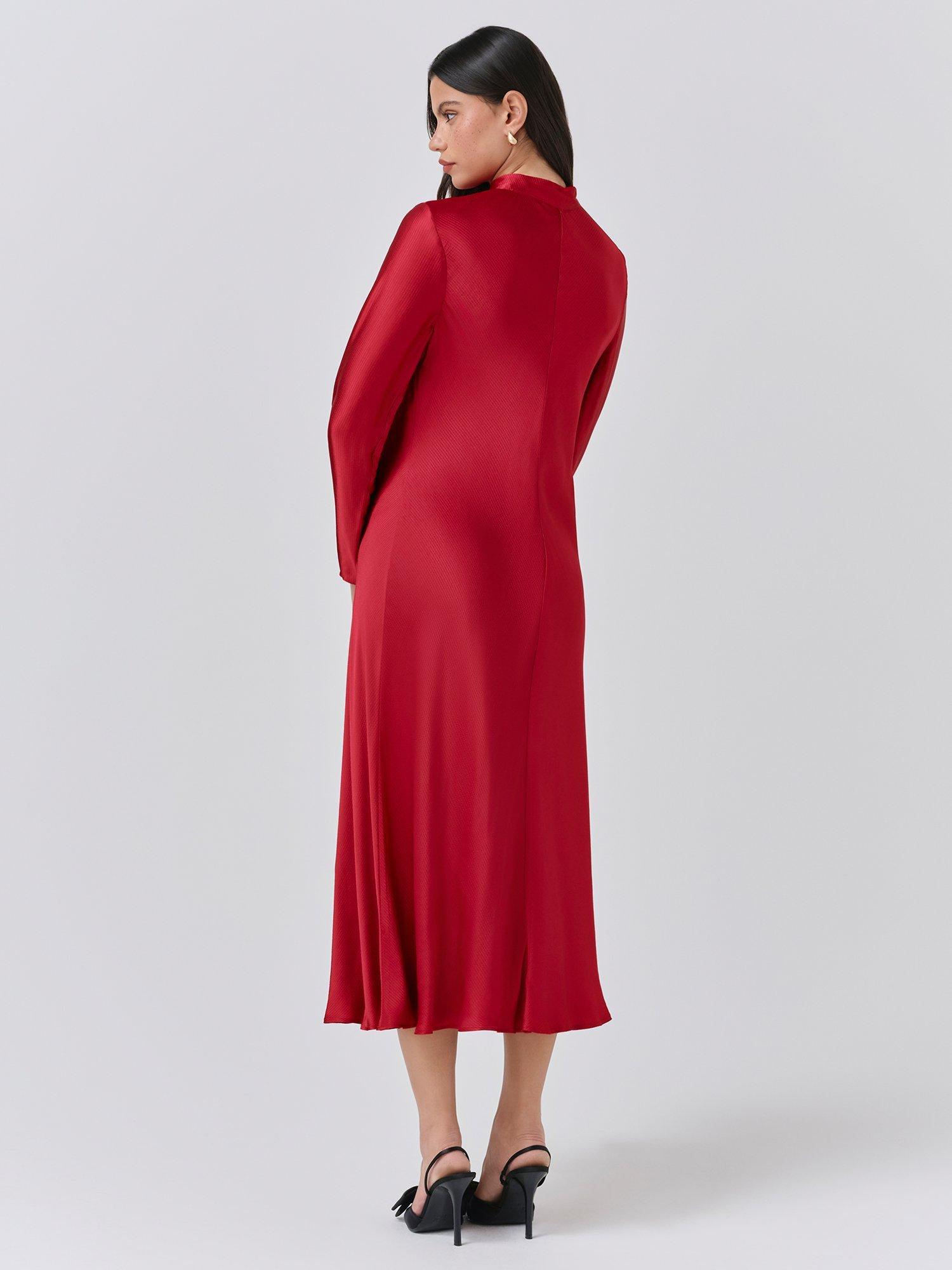 Product image 5 of 6, which shows Ghost Stephanie Tie Neck Midi Dress, Red, XS