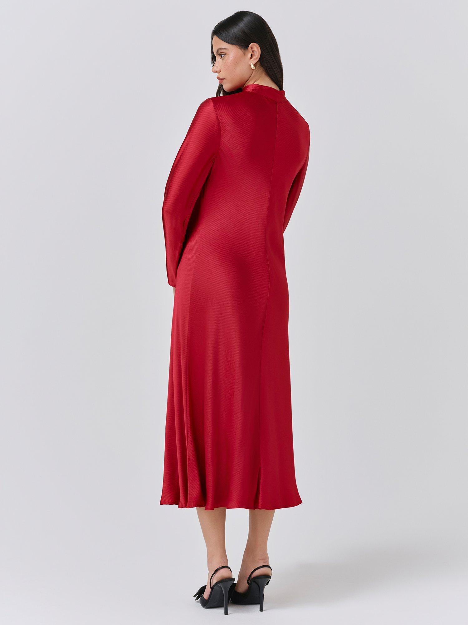Product image 6 of 6, which shows Ghost Stephanie Tie Neck Midi Dress, Red, XS