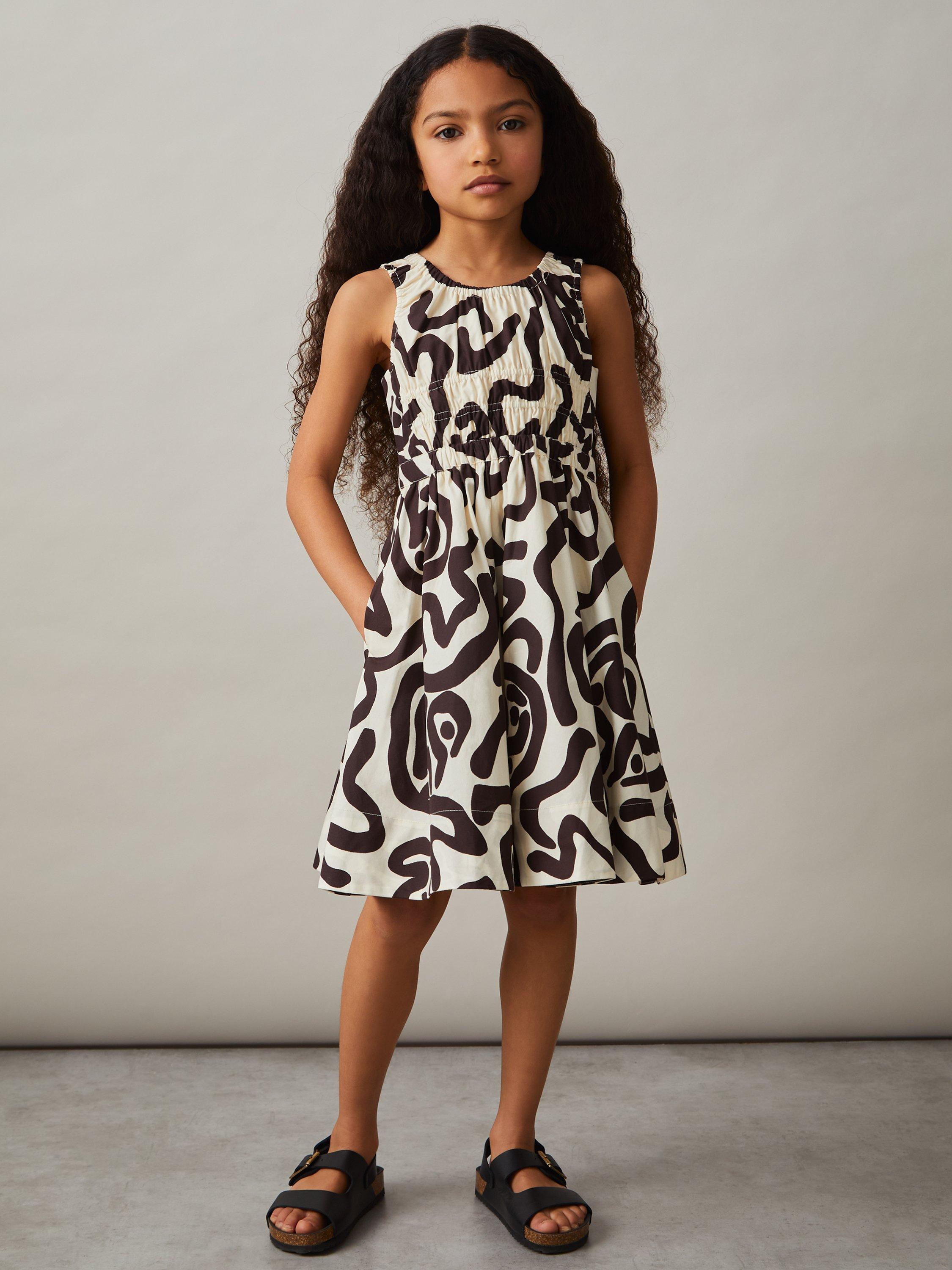 Reiss Kids' Anouka Cotton Poplin Sleeveless Dress, Ivory Print