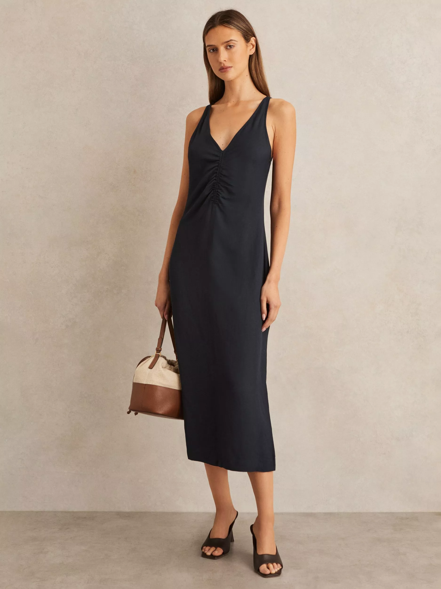 【海外限定】REISSドレス☆Petite Pari Ruched Midi Dress, Navy 010056451
