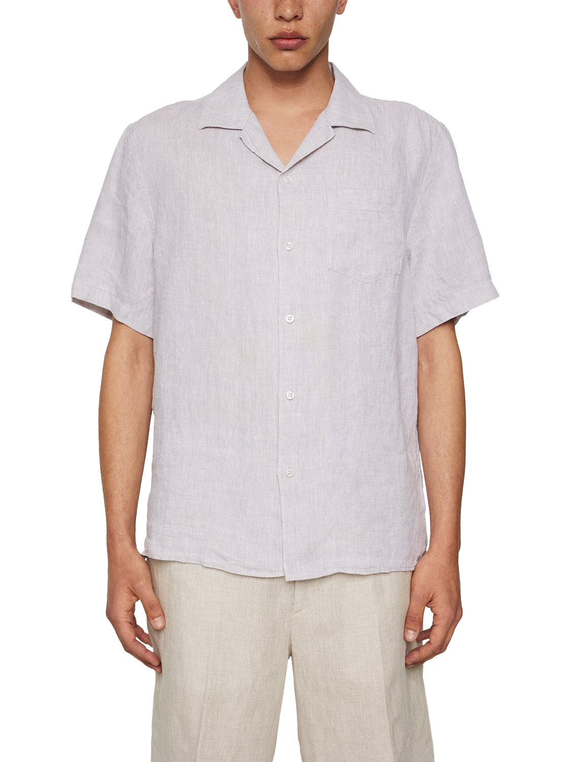 Product image 1 of 5, which shows J.Lindeberg Elio Regular Fit Revere Collar Linen Shirt, Moonbeam, L