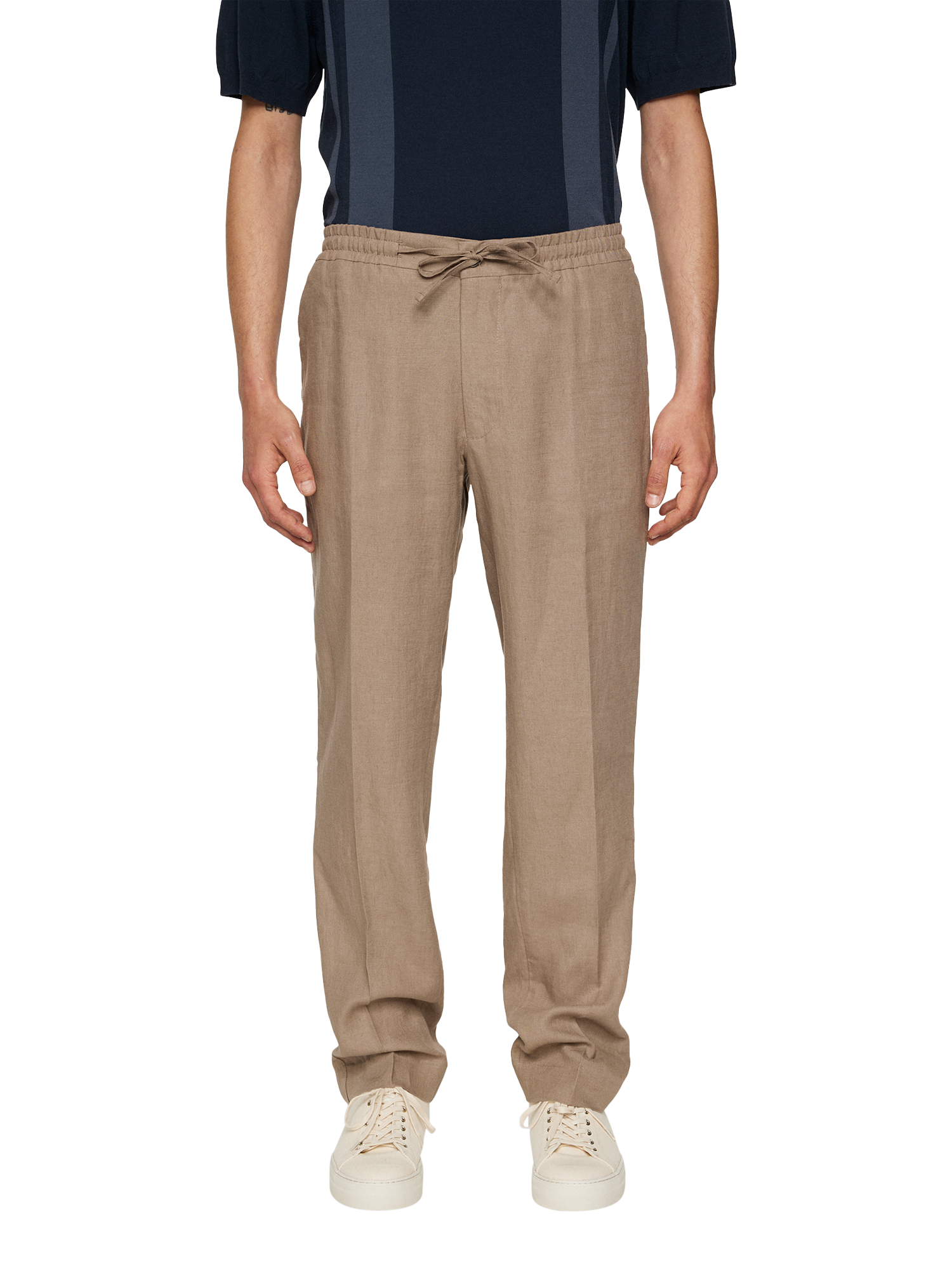 Product image 1 of 3, which shows J.Lindeberg Soren Drape Linen Trousers, Sepia Tint, 30