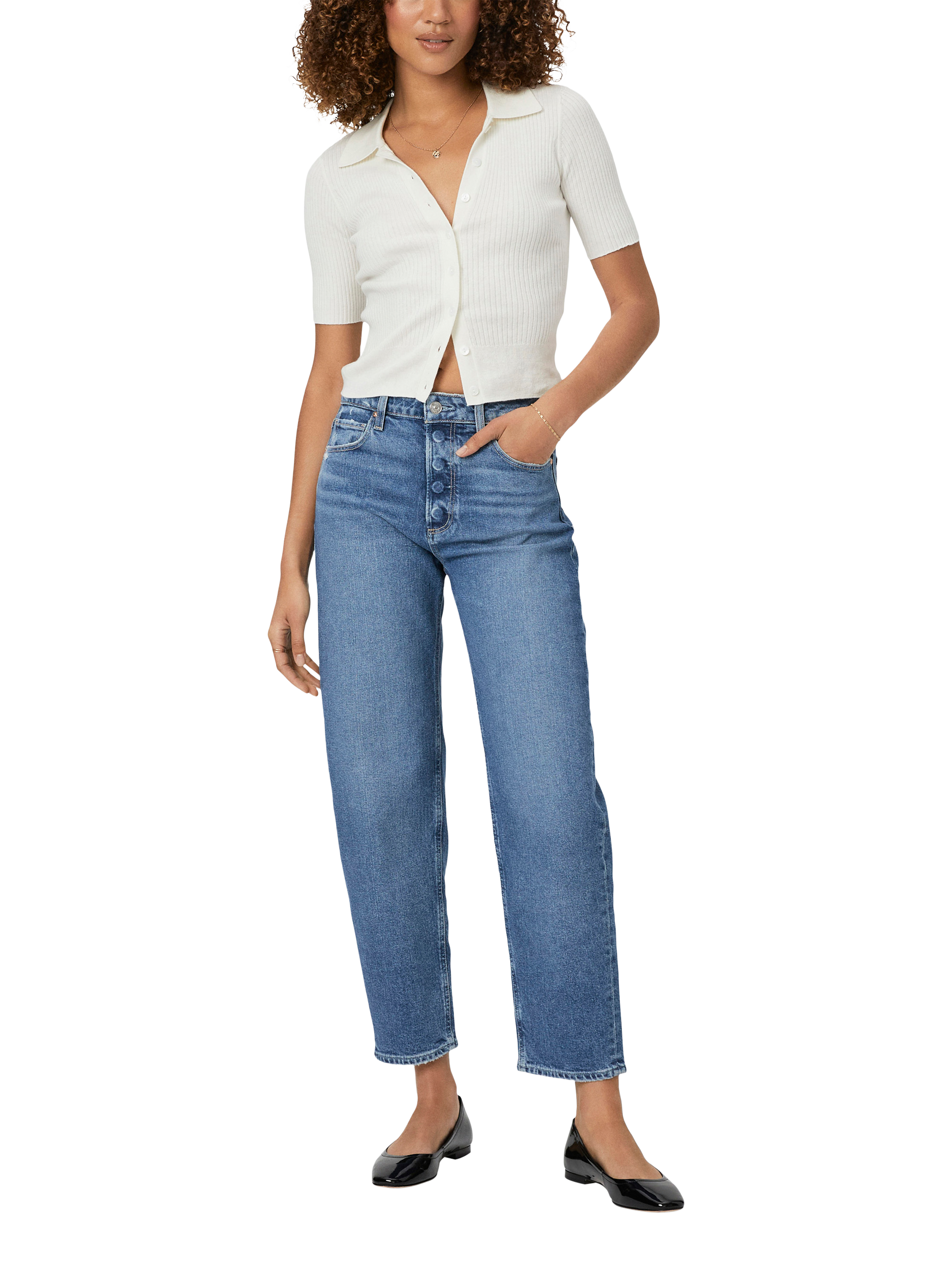 Product image 1 of 5, which shows PAIGE Alexis Covered Button Barrel Leg Jeans, Light Blue, 24