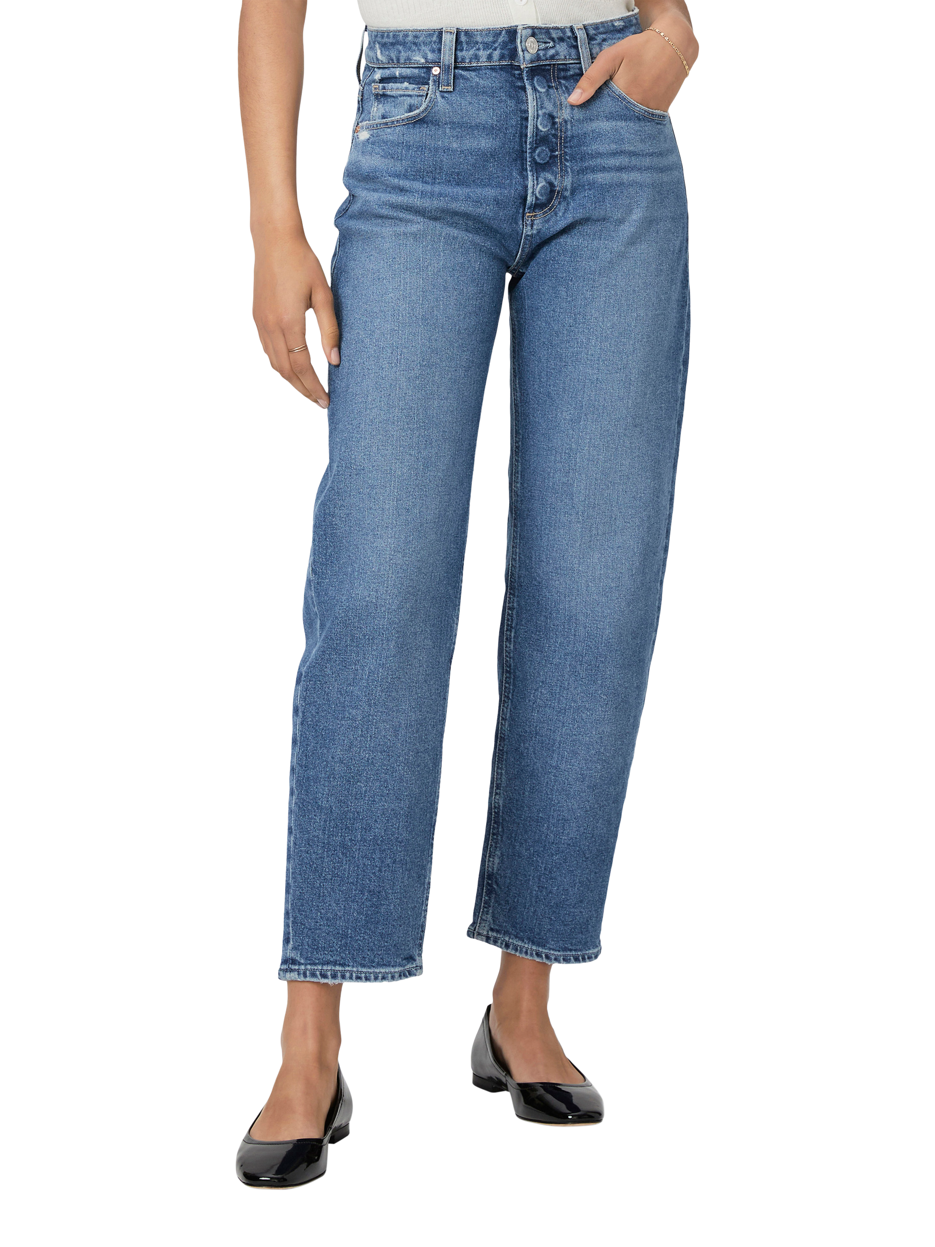 Product image 2 of 5, which shows PAIGE Alexis Covered Button Barrel Leg Jeans, Light Blue, 24