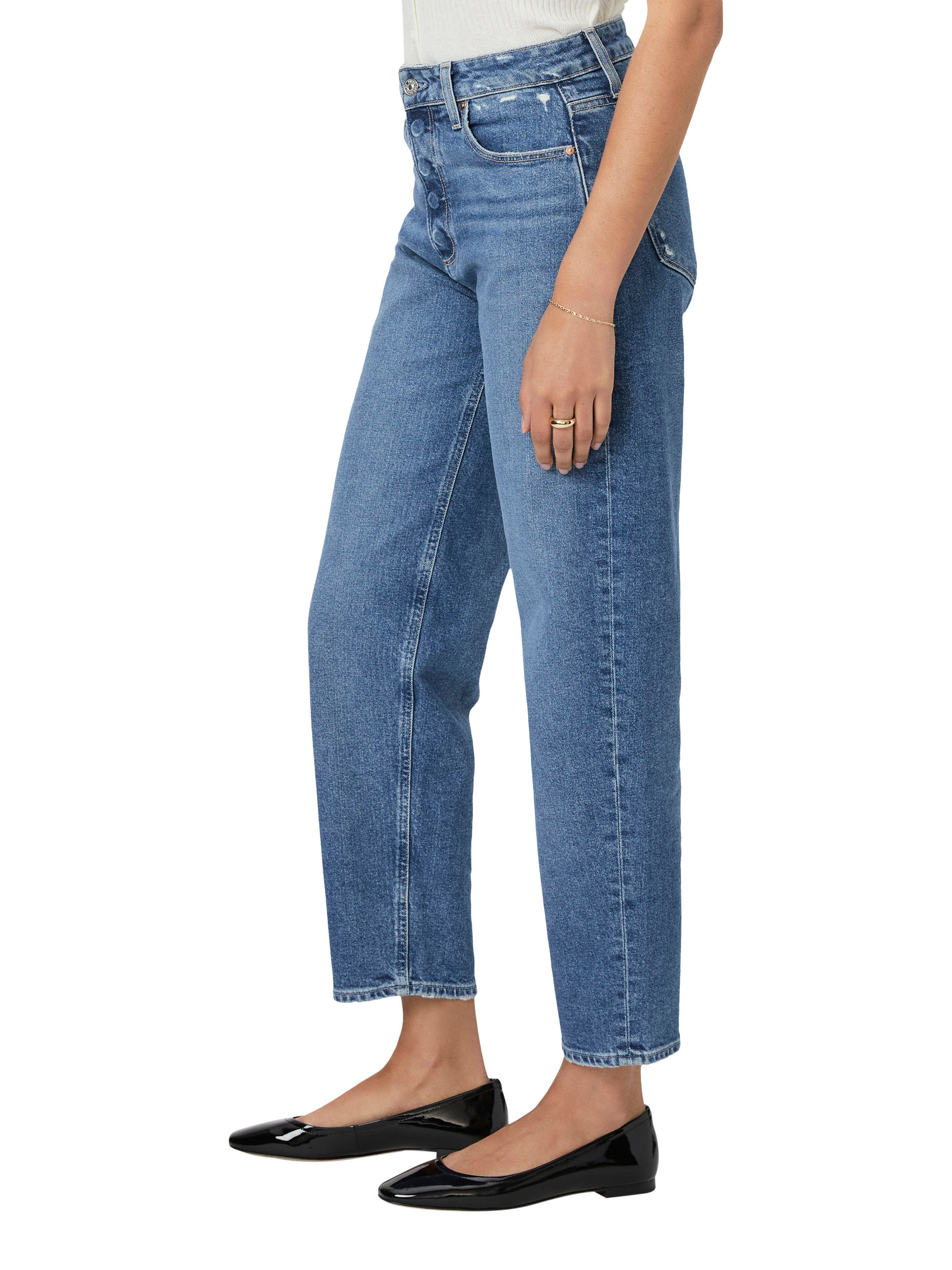 Product image 3 of 5, which shows PAIGE Alexis Covered Button Barrel Leg Jeans, Light Blue, 24