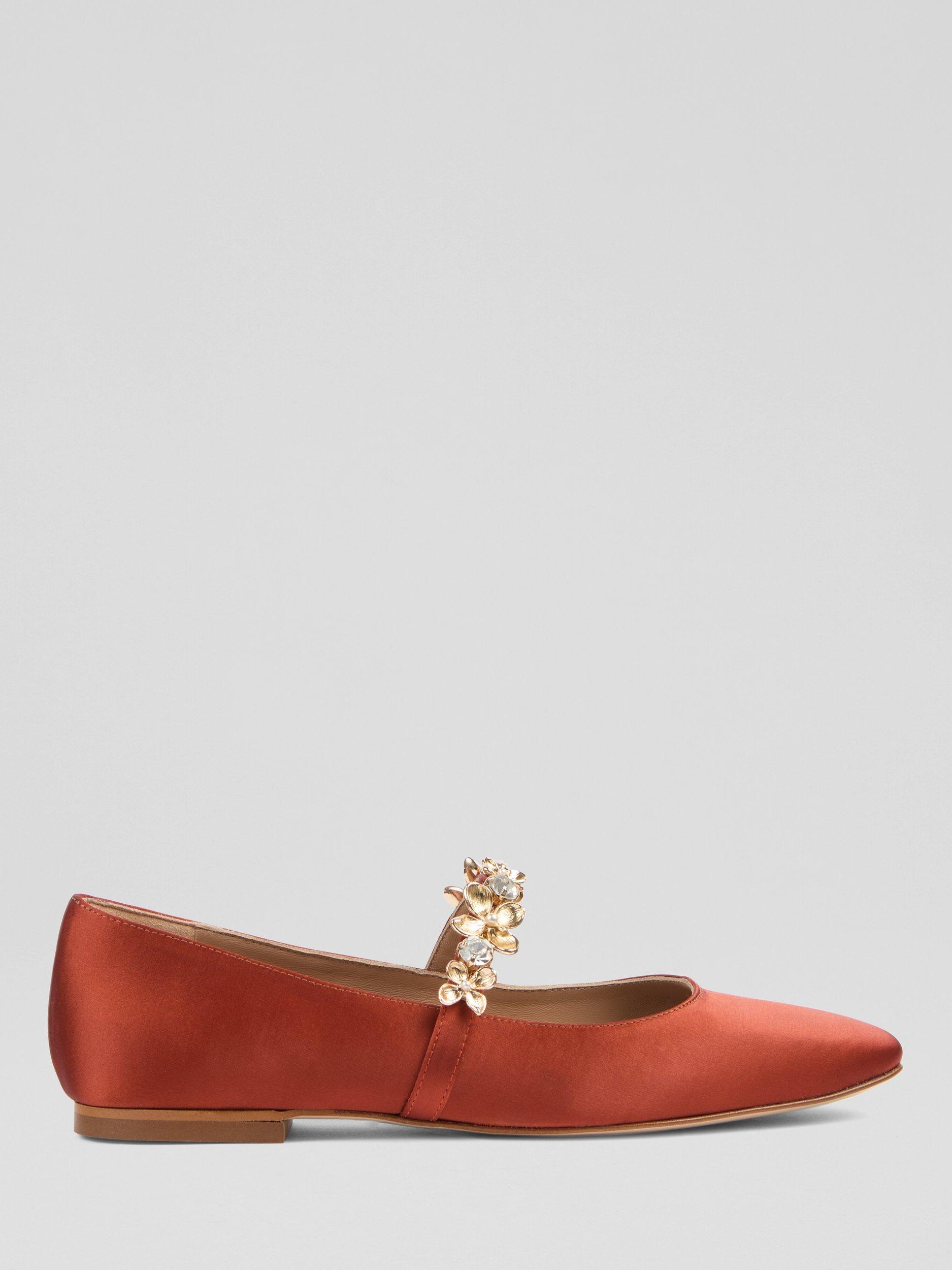 Product image 1 of 4, which shows L.K.Bennett Amber Satin Flat Shoes, Orange, 2