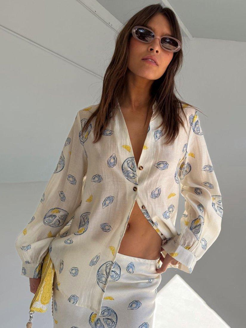 Product image 1 of 5, which shows Never Fully Dressed Miley Oyster Print Shirt, Cream, 6
