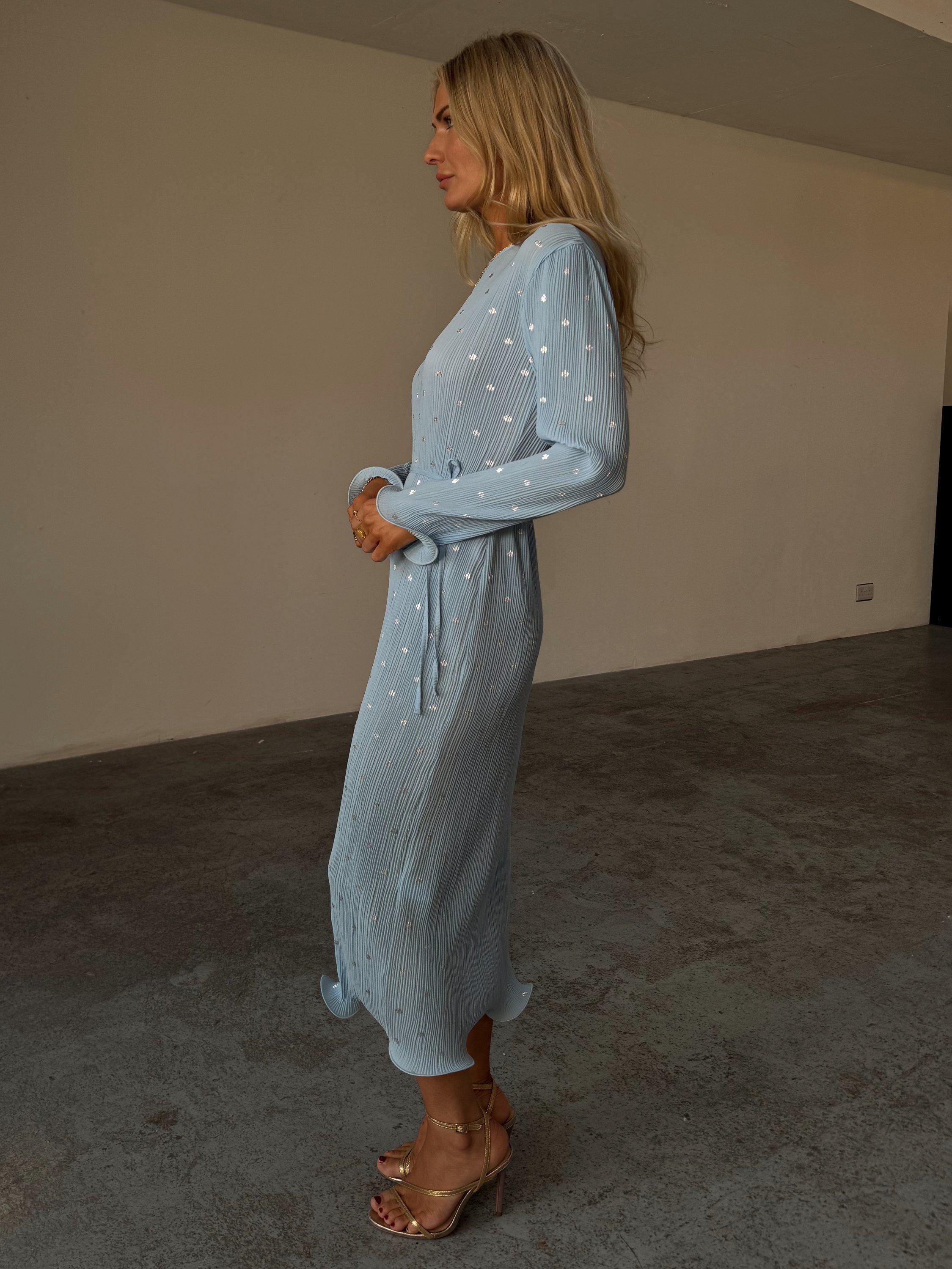 Product image 3 of 5, which shows Never Fully Dressed Chloe Plisse Dress, Blue, XS