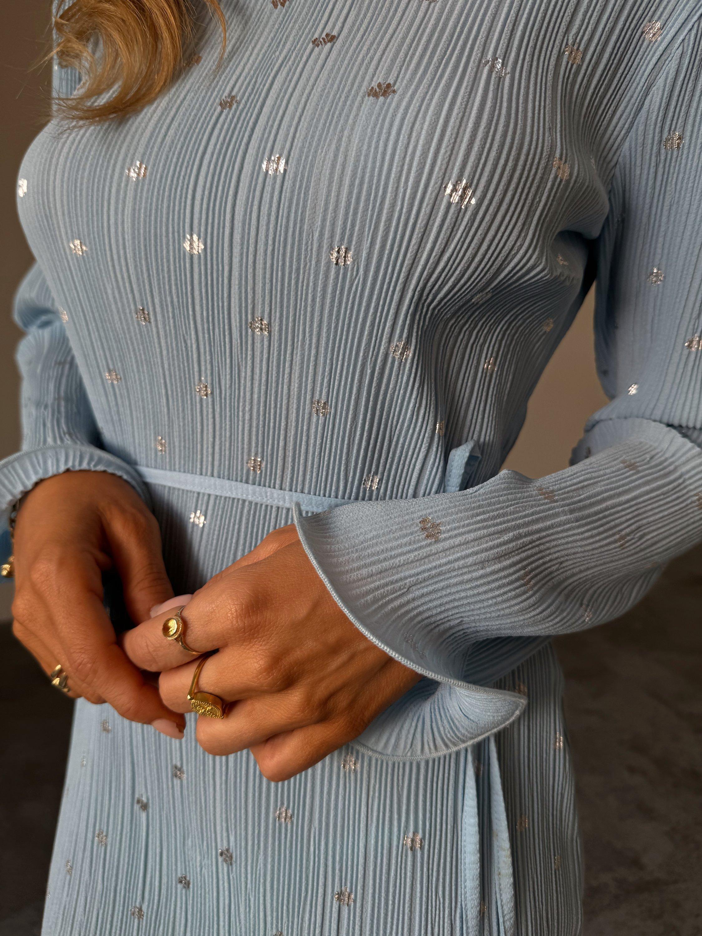 Product image 4 of 5, which shows Never Fully Dressed Chloe Plisse Dress, Blue, XS