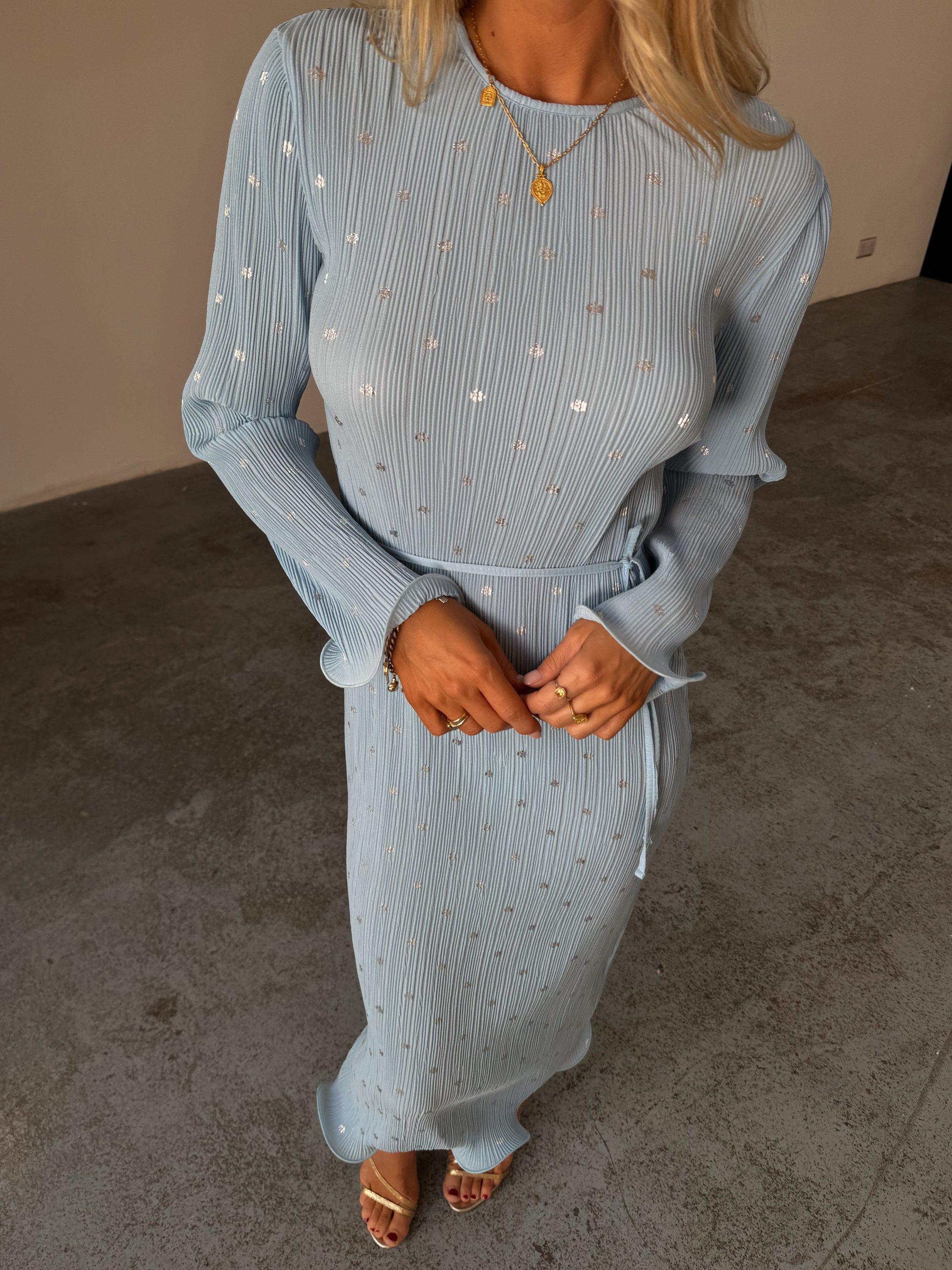 Product image 5 of 5, which shows Never Fully Dressed Chloe Plisse Dress, Blue, XS
